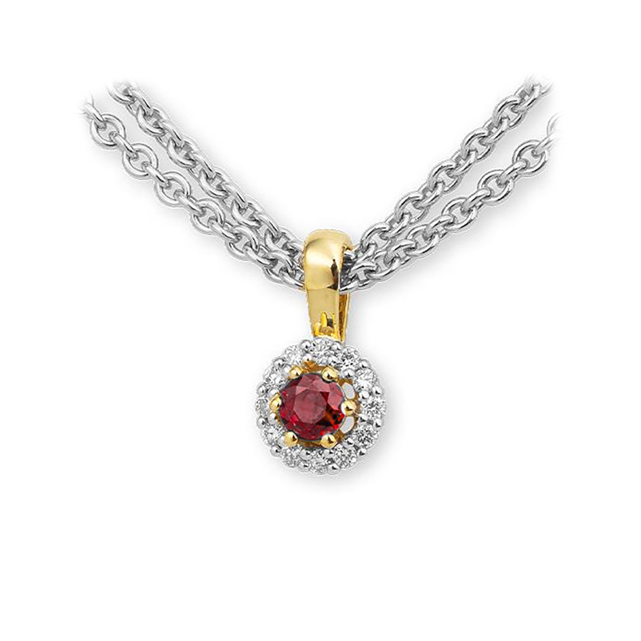 Deze hanger is exclusief collier

Een prachtig entourage hanger die luxe uitstraalt door de combinatie van geelgoud, robijn en diamant 0.09 CRT W/SI.