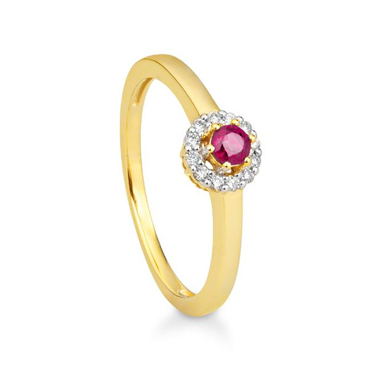 Geelgouden entourage ring met een prachtige robijn en diamant 0.09CRT W/SI