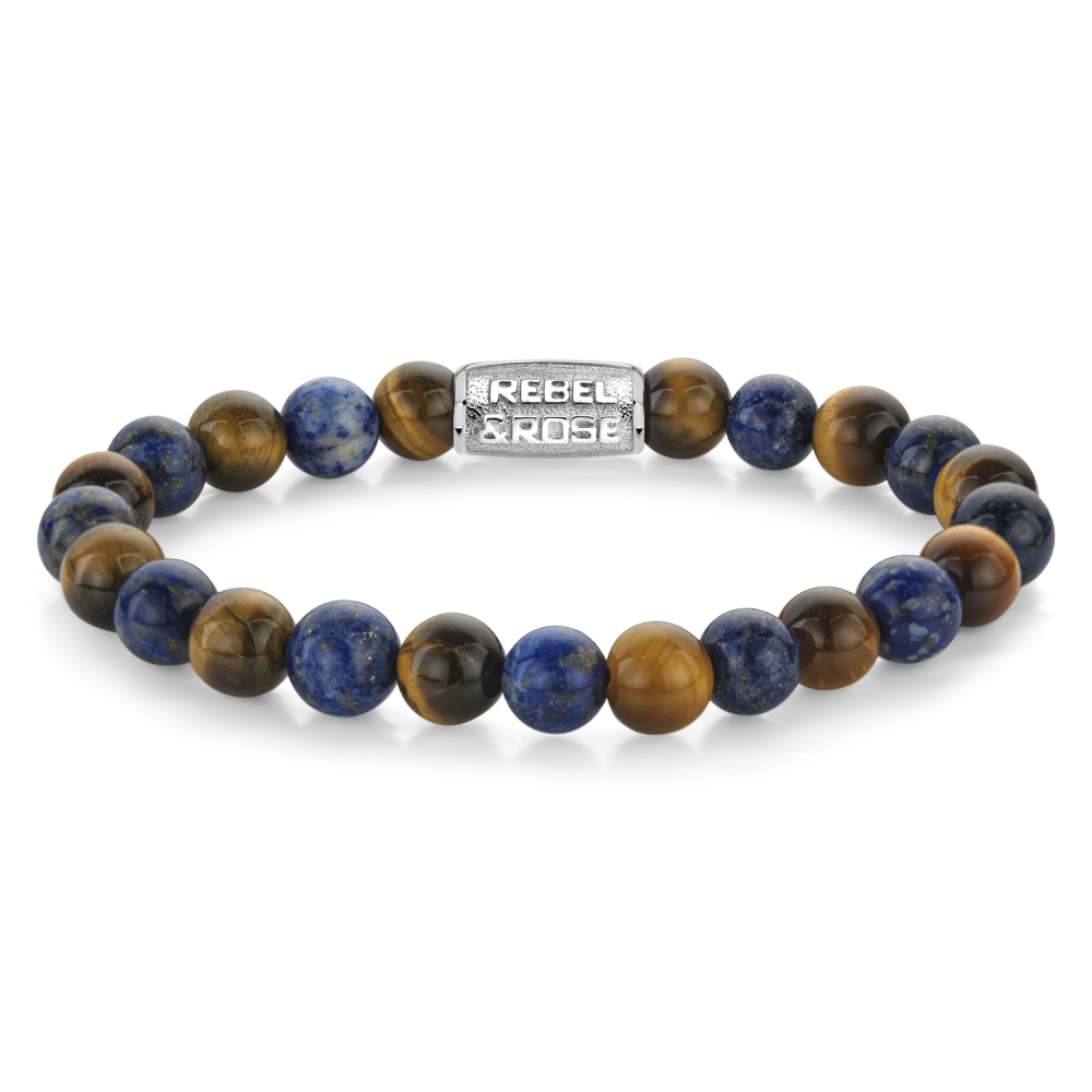 Armband van het merk Rebel & Rose. De armband heeft een hoogwaardige elastische stretch koord, met 8mm van Tijgeroog, Lapis Lazuli.