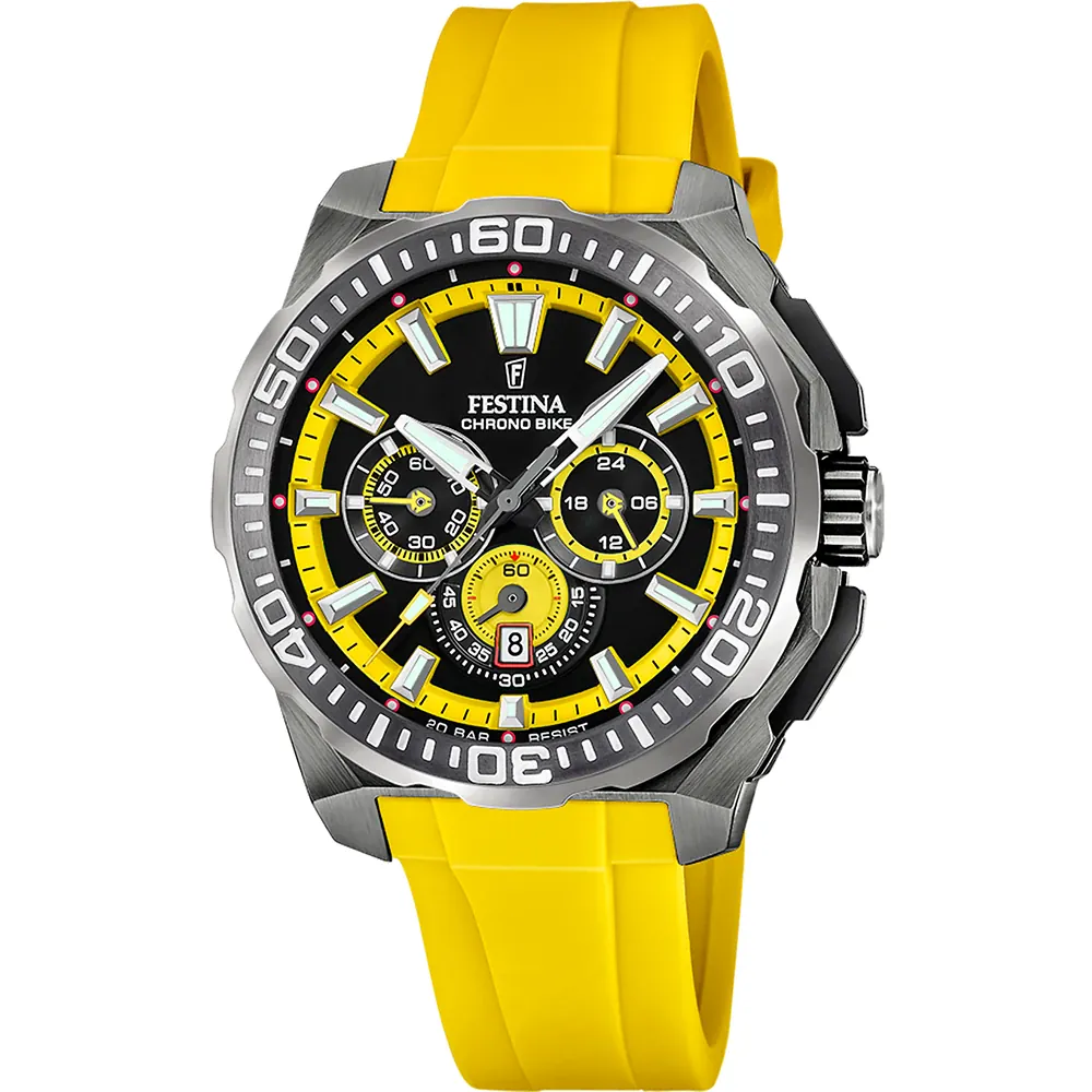 Dit Festina horloge heeft een kast gemaakt van Roestvrijstaal met een diameter van 45.5 mm en is voorzien van een Rubber band. In de kast bevindt zich een Miyota kwaliteitsuurwerk en is afgewerkt met Mineraalglas.
Het horloge is 20ATM. Dit betekent dat het horloge geschikt is voor diepzeeduiken. Verder wordt het horloge geleverd met 2 jaar garantie.
.