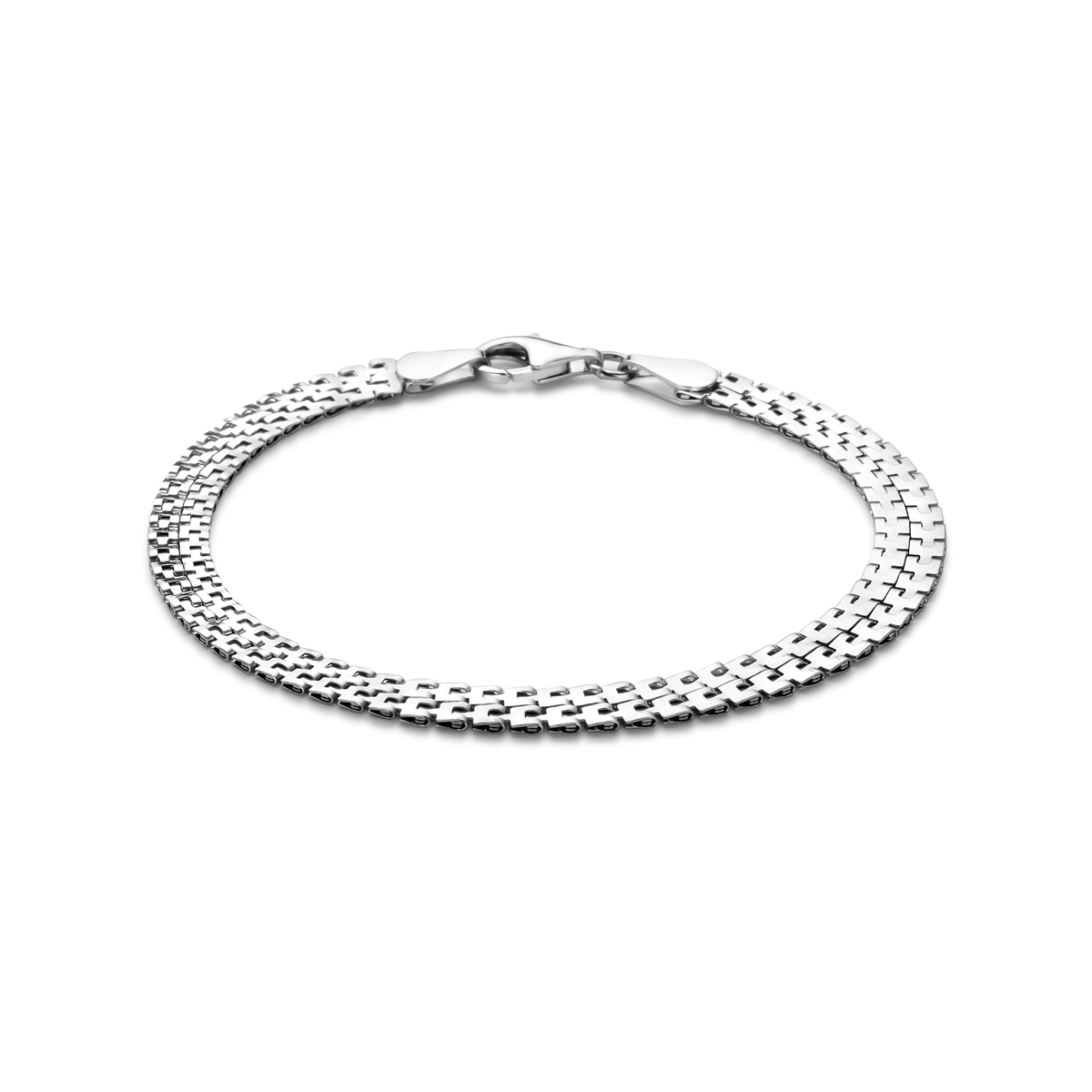 Gerhodineerd 925 zilveren armband met een schakelbreedte van 5mm. De armband heeft en draaglengte van 18cm. Uitgevoerd met een karabijnsluiting.
