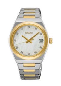 Seiko dameshorloge in bicolour uitvoering. Het heeft een wijzerplaat van parelmoer en diamantjes als index. Het heeft ook een saffiierglas en is 100m WR