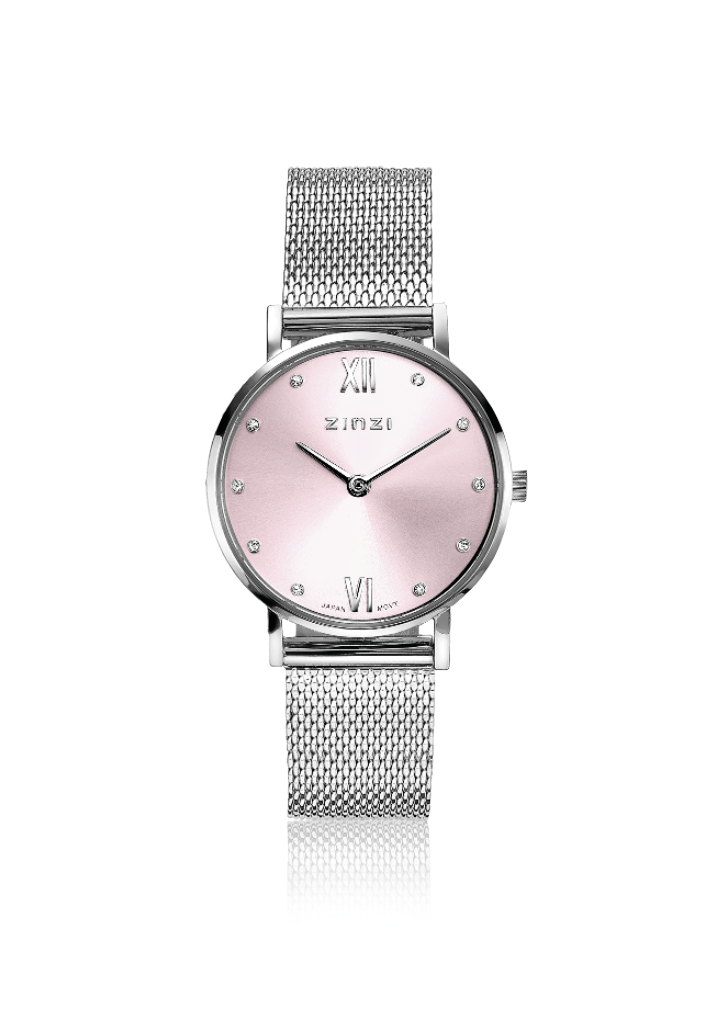 ZINZI Lady Crystal horloge roze wijzerplaat en kast stalen mesh band, witte crystals bij uuraanduiding, 28mm extra dun ZIW641M