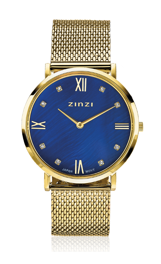 ZINZI Roman horloge donkerblauwe parelmoer wijzerplaat, geelgoudkleurige stalen kast, witte zirconia's bij uuraanduiding, geelgoudkleurige stalen mesh band 34mm extra dun ZIW547M
