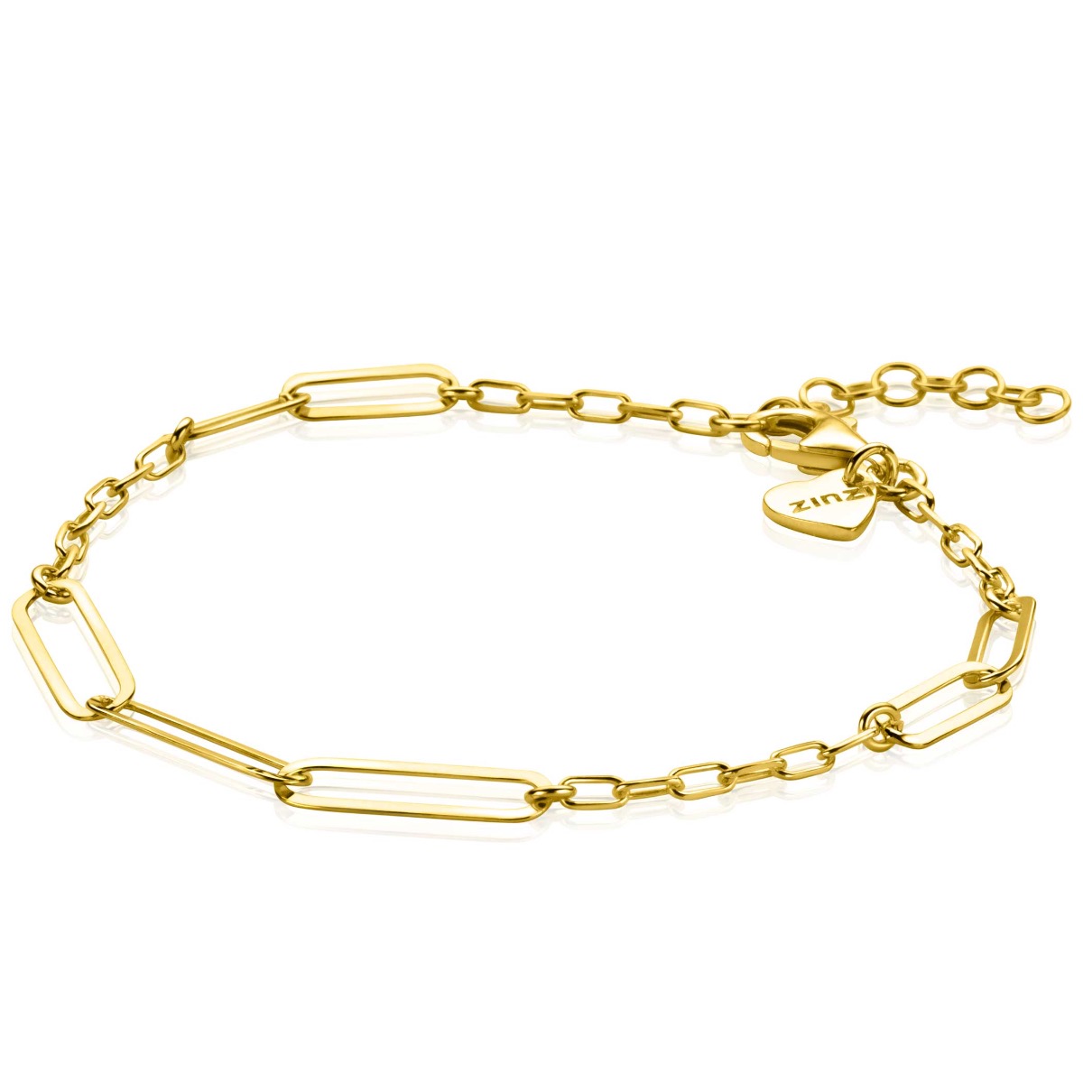 ZINZI gold plated zilveren armband met paperclip schakels in diverse groottes. De lengte van de armband is te variëren tussen 16,5 en 19,5cm door het handige verlengkettinkje. Bij sluiting herkenbaar ZINZI, door het zilveren Zinzi hartje. Vervaardigd van eerste gehalte zilver (925) en voorzien van een extra 14K geel vergulding.