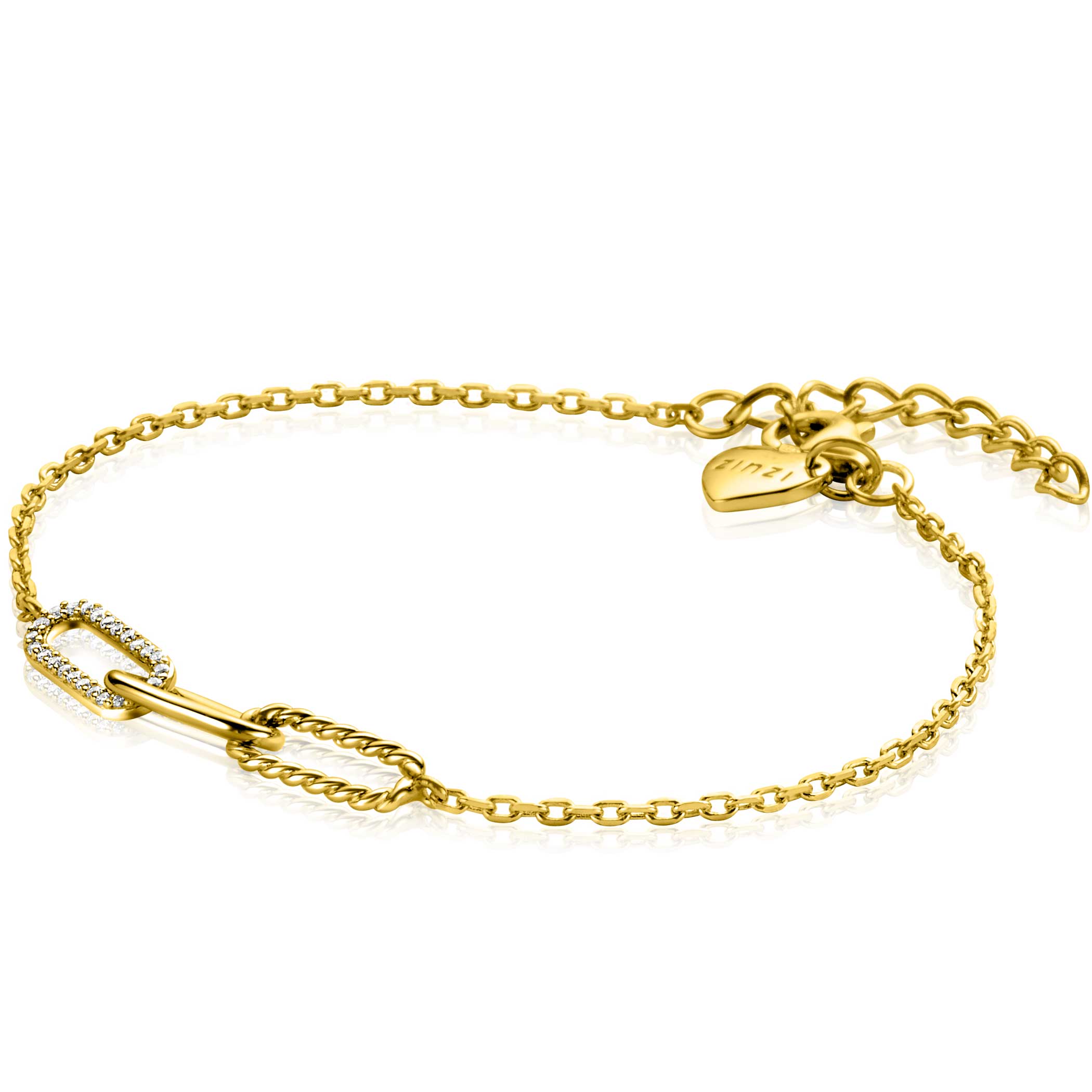 ZINZI gold plated zilveren armband met drie trendy paperclip-schakels: met gladde buis, gedraaide buis of bezet met witte zirconia's. De lengte van de armband is te variëren tussen 17 en 20cm door het handige verlengkettinkje. Bij sluiting herkenbaar ZINZI, door het zilveren Zinzi hartje. Vervaardigd van eerste gehalte zilver (925) en voorzien van een extra 14K geel vergulding.