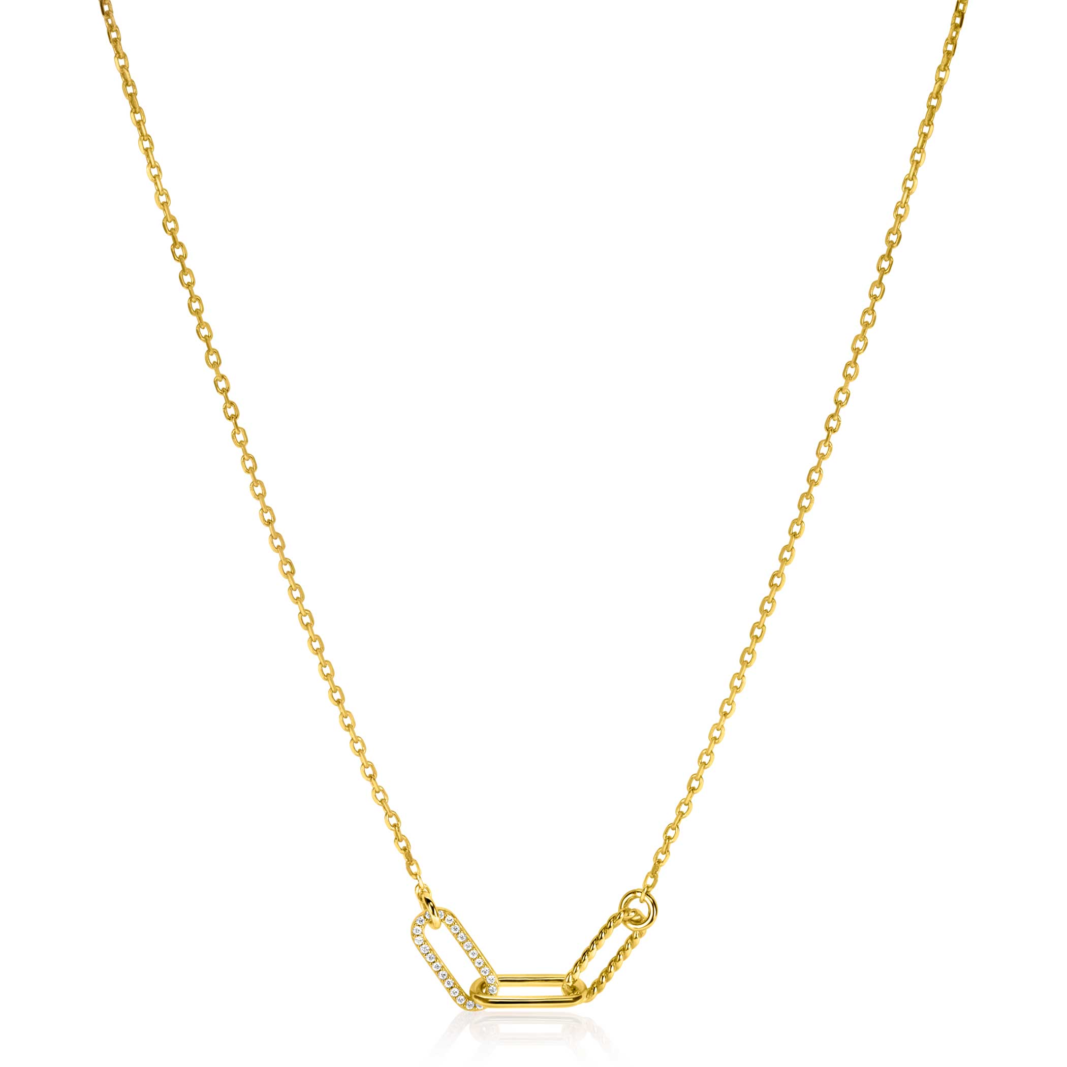 ZINZI gold plated zilveren ketting 45cm met drie trendy paperclip-schakels: met gladde buis, gedraaide buis of bezet met witte zirconia's. De lengte van de ketting is te variëren tussen 42 en 45cm door het handige verlengkettinkje. Bij sluiting herkenbaar ZINZI, door het zilveren Zinzi hartje. Vervaardigd van eerste gehalte zilver (925) en voorzien van een extra 14K geel vergulding.