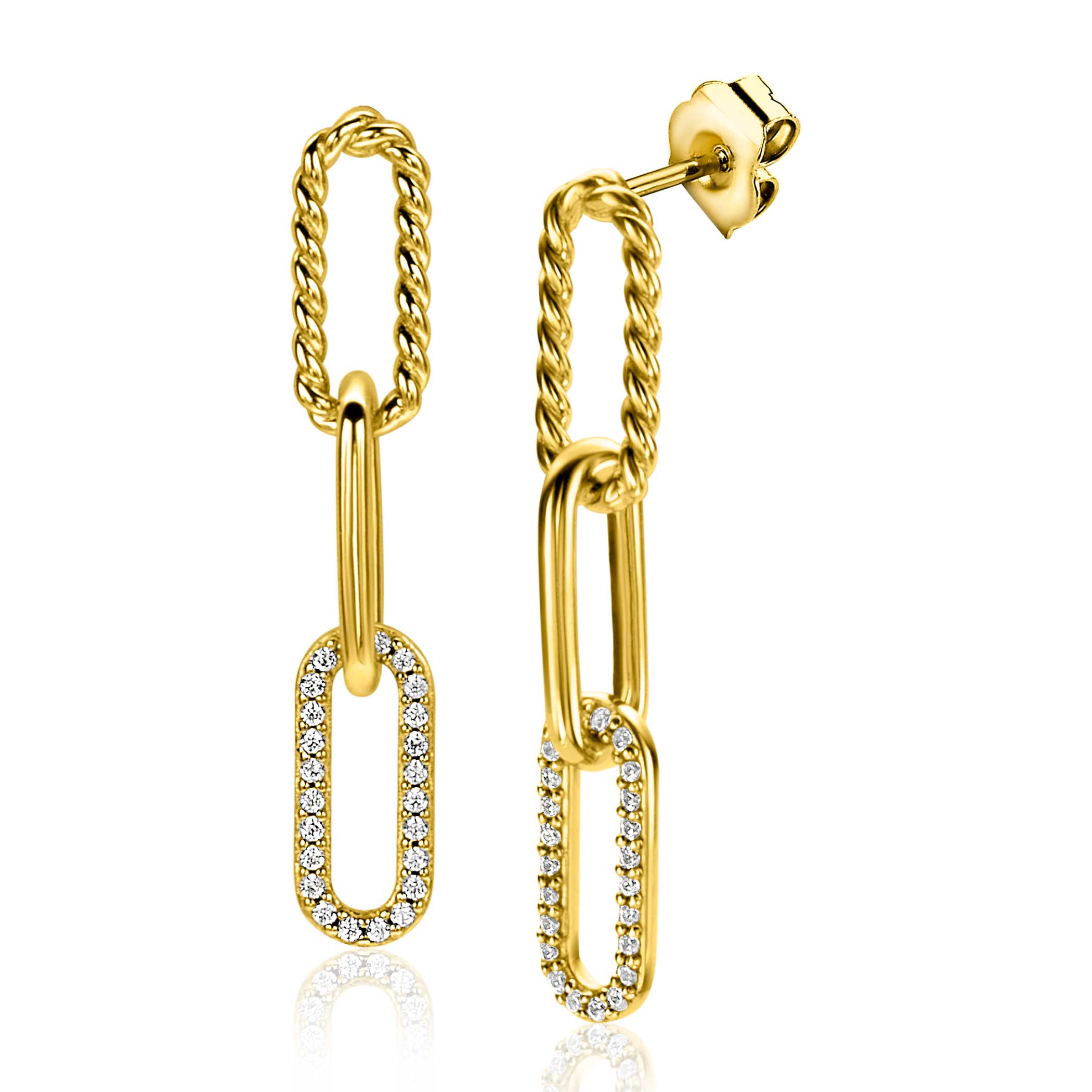 ZINZI gold plated zilveren lange oorsieraden 30mm met drie trendy paperclip-schakels: met gedraaide buis, gladde buis en bezet met witte zirconia's. Vervaardigd van eerste gehalte zilver (925) en voorzien van een extra 14K geel vergulding.