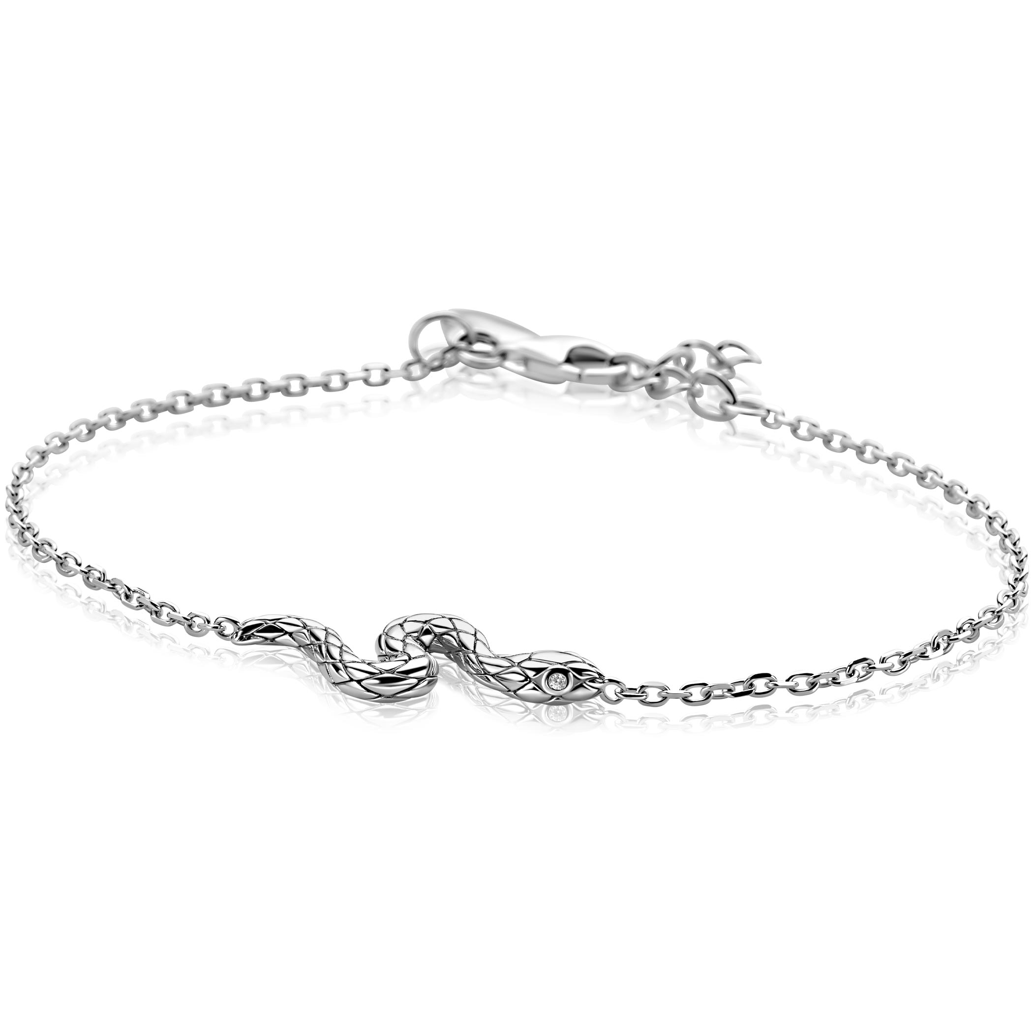 ZINZI zilveren armband met een elegante slang, met witte zirkonia's als ogen. Voorzien van een verlengkettinkje voor optimaal comfort. De armband is vervaardigd van eerste gehalte zilver (925) en voorzien van een extra rodiumlaag voor een langdurige glans.