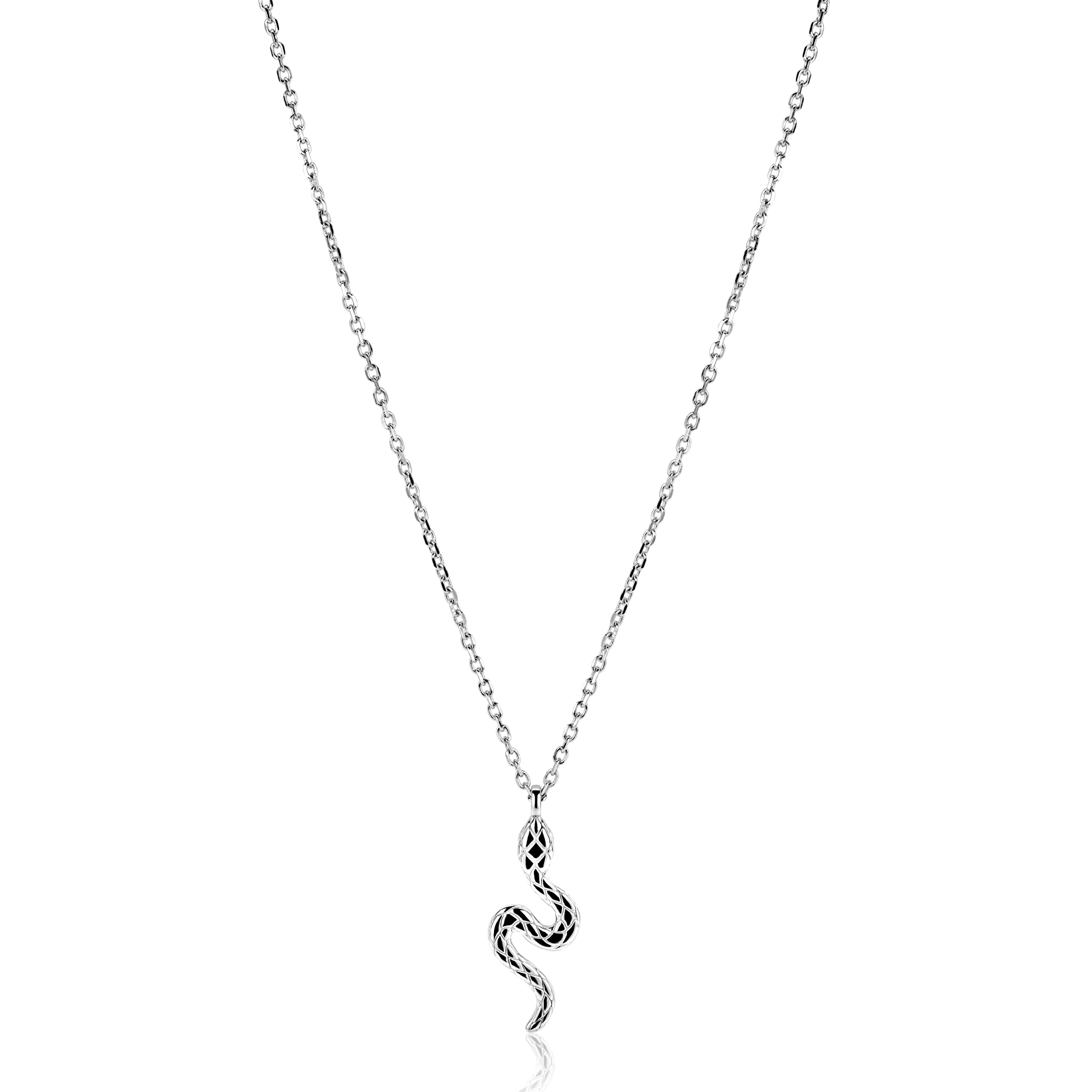ZINZI zilveren ketting met elegante slang-hanger (27mm), waarvan de ogen bezet zijn met witte zirkonia's . De lengte is te variëren tussen 42 en 45cm. De ketting is vervaardigd van eerste gehalte zilver (925) en voorzien van een extra rhodiumlaag voor een langdurige glans.