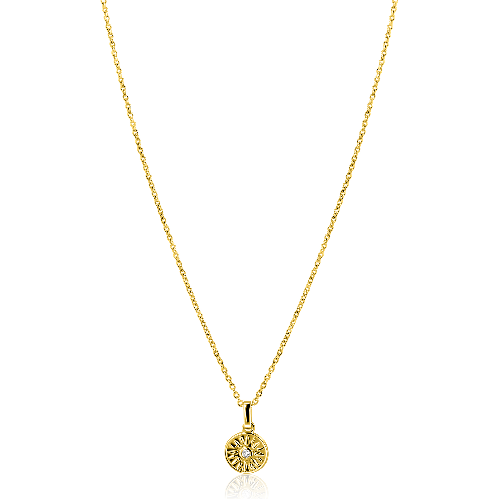 ZINZI gold plated zilveren ketting 42-45cm met zon hanger, bezet met witte zirkonia ZIC2741