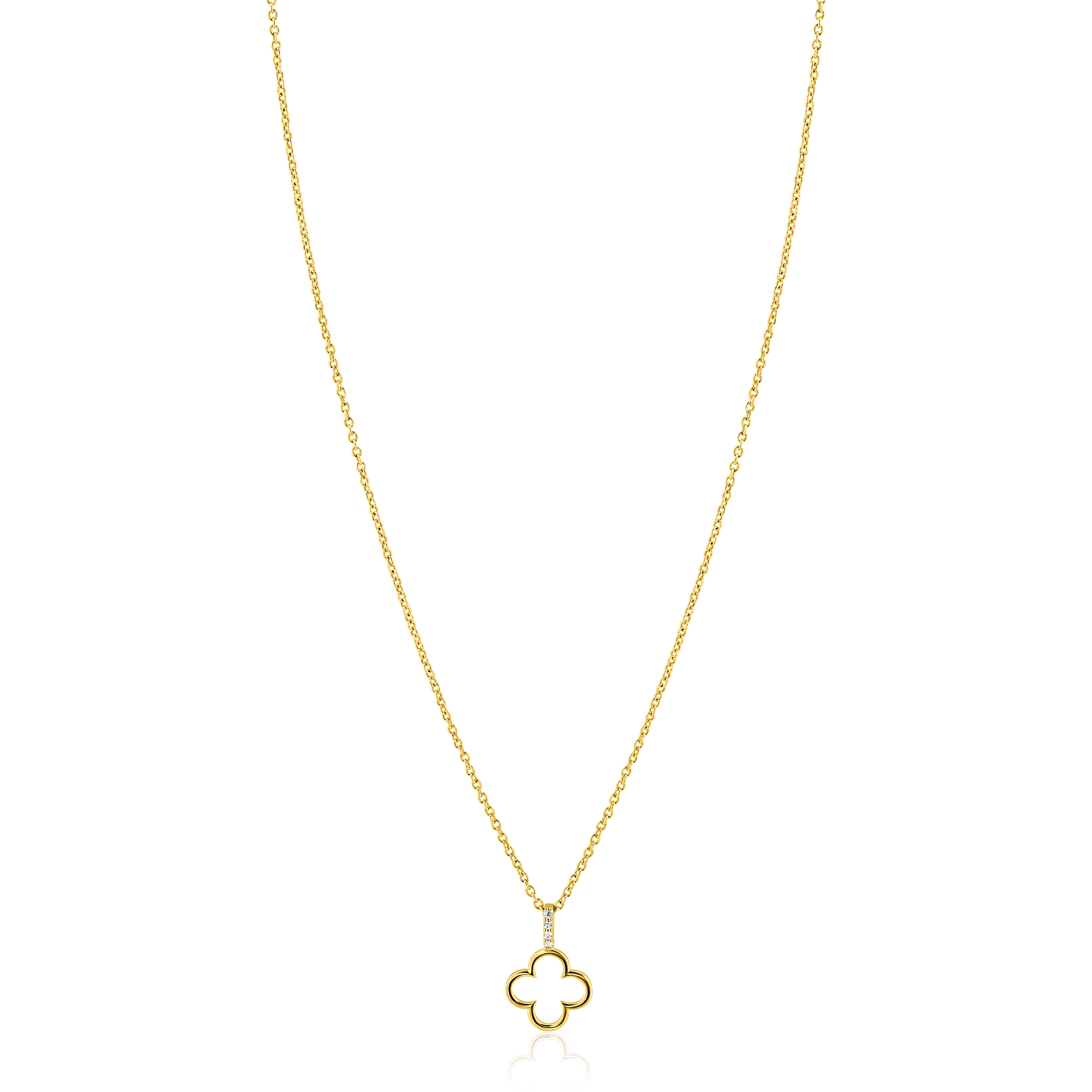 ZINZI gold plated zilveren ketting 42-45cm met open klaver hanger ZIC2743