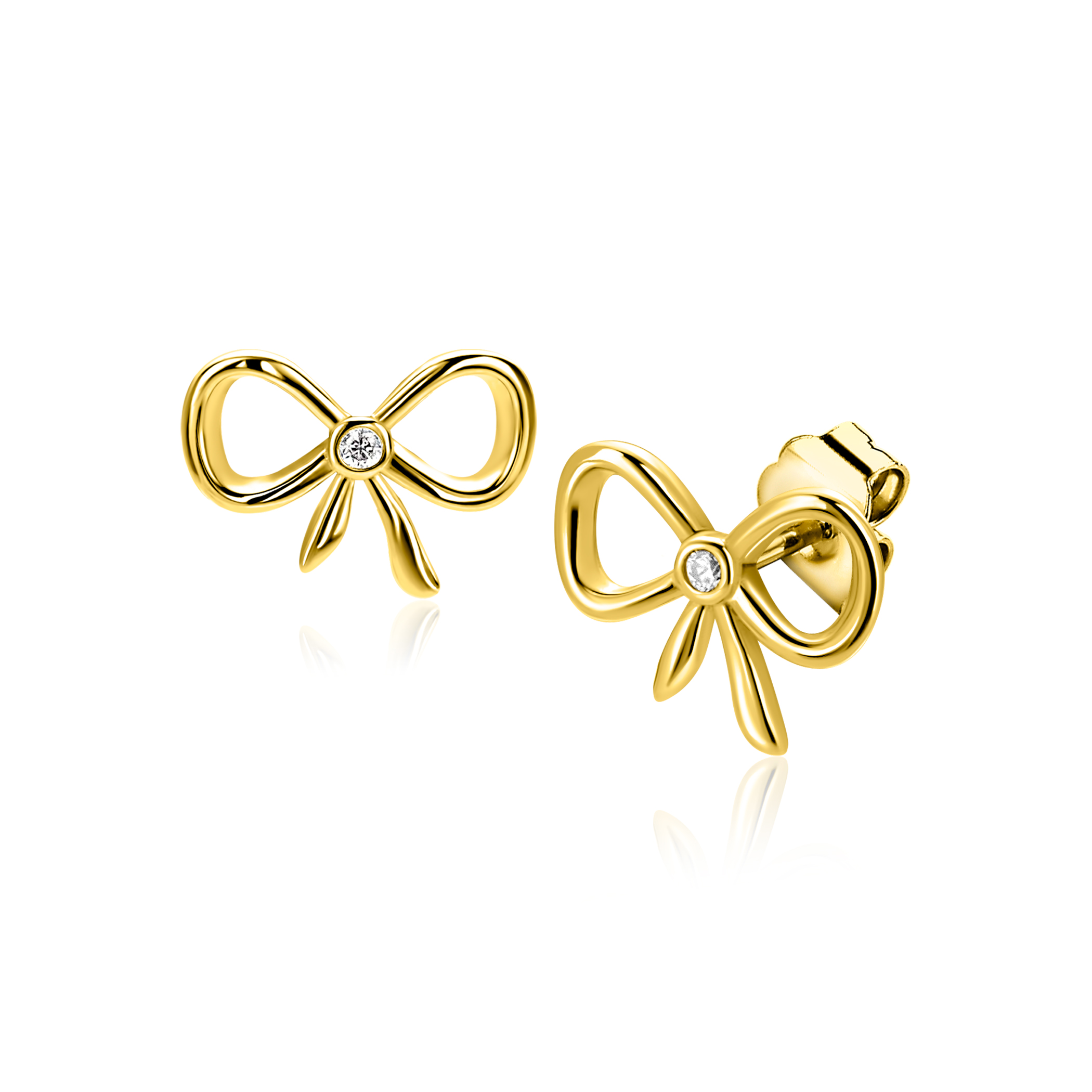 ZINZI gold plated oorstekers met strikje, bezet met witte zirkonia (9,5mm). Vervaardigd van eerste gehalte zilver (925) en extra geel verguld.