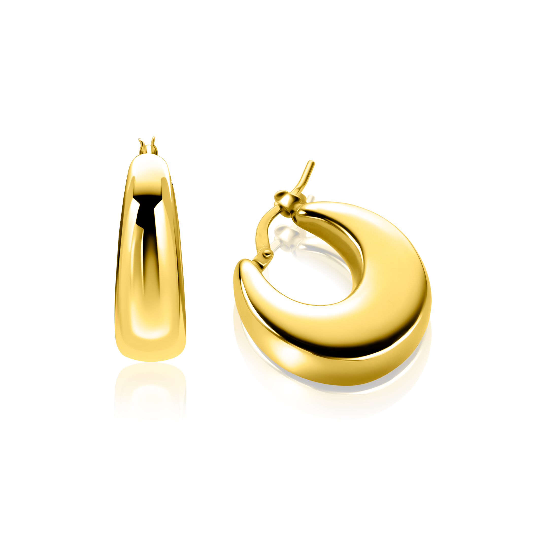 ZINZI gold plated zilveren oorringen 22mm met brede buis (7mm) en rond aflopend model. Met handige italiaanse bovensluiting. Voor een trendy en opvallende look. Vervaardigd van eerste gehalte zilver (925) en extra geel verguld.
