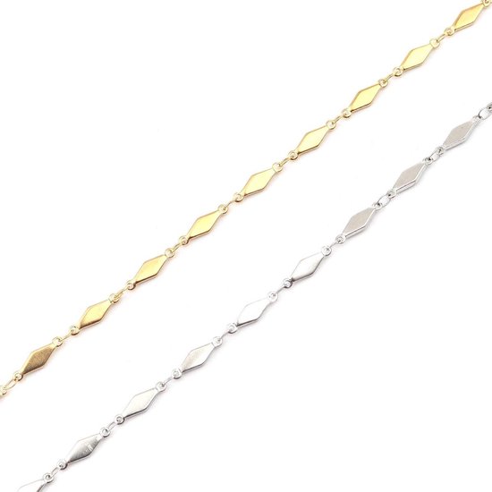 14k geelgouden armband met ruit vormige plaatjes, 19 cm lengte