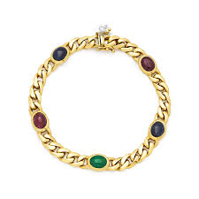 14k geelgouden armband met gourmet schakel bezet met cabochon geslepen saffier,robijn en smaragd