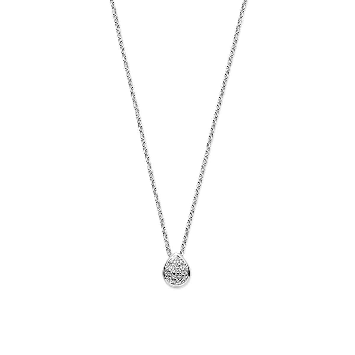 Gerhodineerd 925 zilveren collier uitgevoerd met zirkonia. Het collier heeft de draaglengtes van 41-43-45cm.