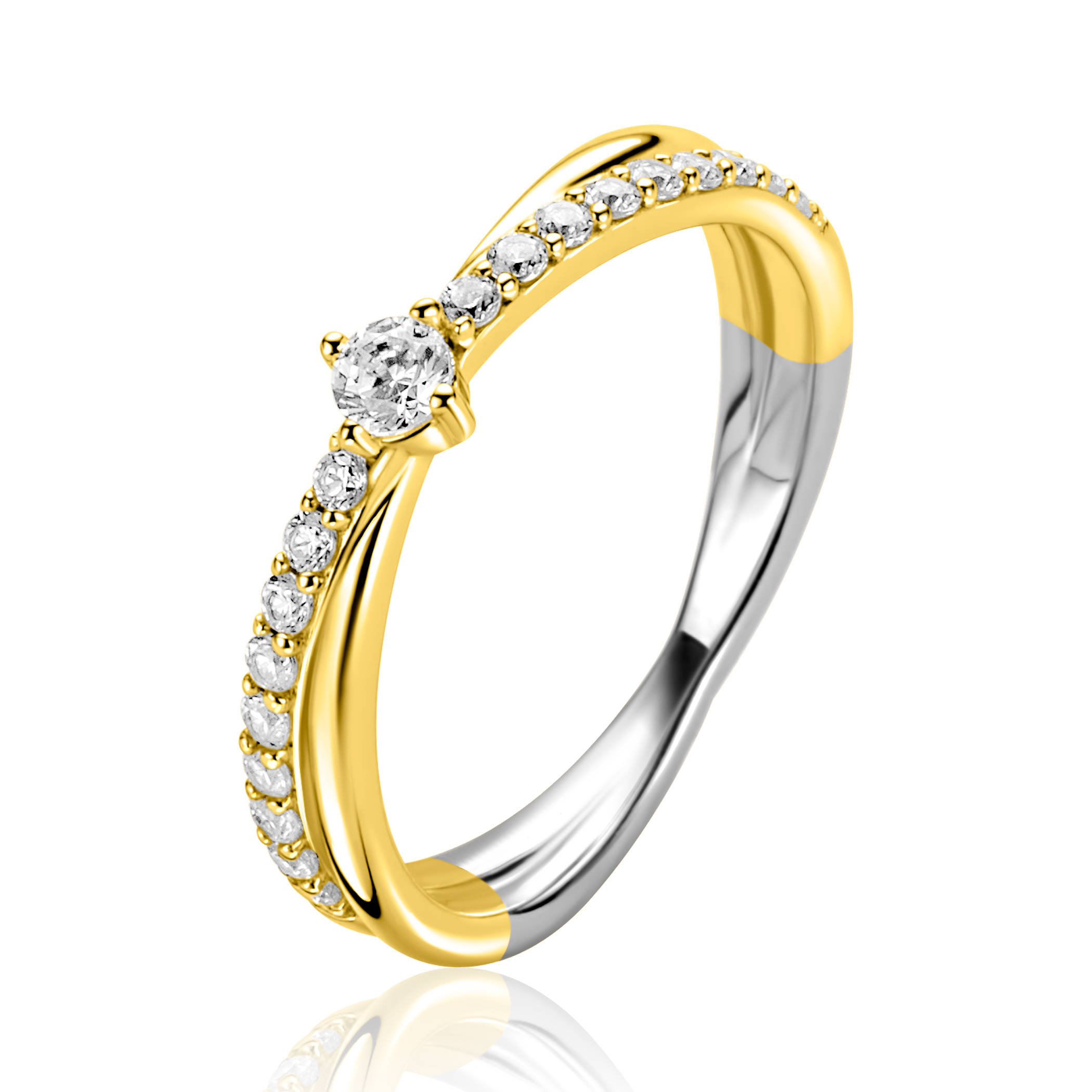 ZINZI gold plated zilveren cross-over ring, bezet met witte zirkonia’s ZIR2725YZINZI
gold plated zilveren cross-over ring, bezet met witte zirkonia's. Vervaardigd van eerste gehalte zilver (925) en extra geel verguld.

