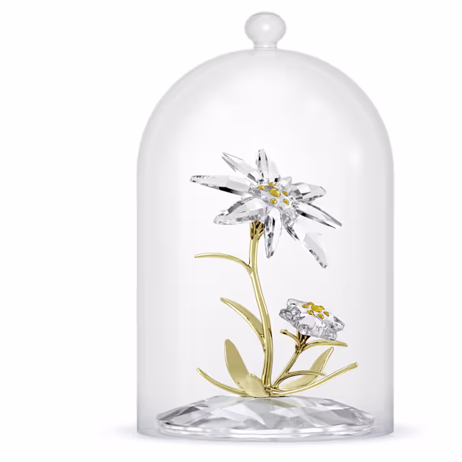 Deze wonderlijke stolp is gemaakt om Swarovski’s 130e verjaardag te vieren, en is een eerbetoon aan het originele Edelweiss-embleem. De bloemen zelf hebben in totaal 259 geslepen facetten, met gele stampers en glanzende stengels en bladeren in champagnegoudkleurig metaal. Beschermd en gepresenteerd onder een glazen stolp is deze speciale creatie een toonbeeld van de beste savoir-faire en het blijvende erfgoed van Swarovski. Decoratieobject. Geen speelgoed. Niet geschikt voor kinderen jonger dan 15 jaar.
Artikelnr.: 5701376
Formaat: 7.1 x 5.5 x 5.5 cm
Ontwerper:  Edith Mair
Materiaal:  Kristallen, Metaal met champagnegoudkleurige afwerking, Glas
Kleur:  Goudkleurig
Collectie:  Florere