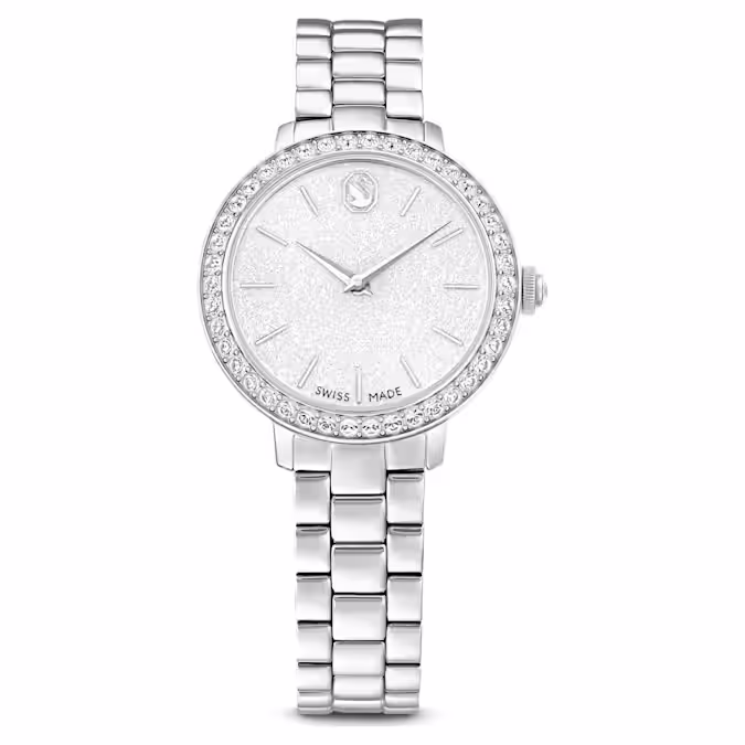 Geïnspireerd door de Matrix-sieraden van Swarovski brengt dit horloge van 30 mm hetzelfde gevoel van eigentijdse en expressieve stijl tot leven. Het edelstalen ontwerp heeft een pavé lunettezetting met 42 kristallen, terwijl de beeldschone ronde wijzerplaat een glittereffect heeft en is voorzien van slanke uurmarkeringen en wijzers, evenals een zwanenlogo op 12 uur. Naast een extra kristal set in de kroon valt dit horloge op door de driedelige armband, die elegant om de pols schuift. Het Swiss Made-horloge is waterbestendig tot 50 m en is de perfecte metgezel voor elke gelegenheid.
Artikelnr.: 5706182
Geïnspireerd door collectie:  Matrix
Grootte van de kast: 30 x 30 mm
Dikte van de kast: 7 mm
Draaglengte band (minimaal - maximaal): 12.5 - 19 cm
Bandbreedte: 1.2 cm
Materiaal:  Kristallen, Roestvrij staal
Kleur:  Zilverkleurig
Type sluiting:  Vouwbare sluiting
Materiaal van de band:  Metaal
Made in:  Zwitserland
Mechanisme:  Kwarts