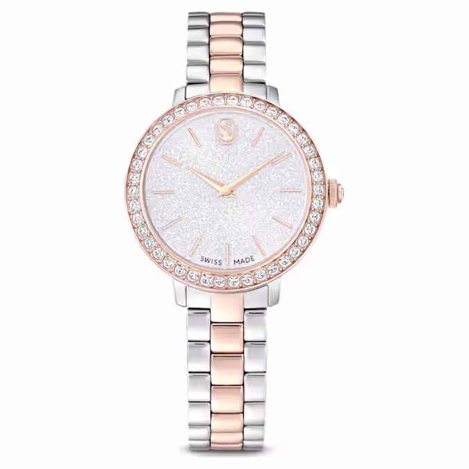 Geïnspireerd door de Matrix-sieraden van Swarovski brengt dit horloge van 30 mm hetzelfde gevoel van eigentijdse en expressieve stijl tot leven. Het edelstalen ontwerp en roségoudkleurige afwerking is voorzien van een pavé lunettezetting met 42 kristallen. De beeldschone ronde wijzerplaat heeft een glittereffect en is voorzien van slanke uurmarkeringen en wijzers, evenals een zwanenlogo op 12 uur. Naast een extra kristal set in de kroon valt dit horloge op door de driedelige armband, die elegant rond de pols schuift. Het Swiss Made-horloge is waterbestendig tot 50 m en is de perfecte metgezel voor elke gelegenheid.
Artikelnr.: 5715028
Geïnspireerd door collectie:  Matrix
Grootte van de kast: 30 x 30 mm
Dikte van de kast: 7 mm
Draaglengte band (minimaal - maximaal): 12.5 - 19 cm
Bandbreedte: 1.2 cm
Materiaal:  Kristallen, Roségoudkleurig PVD, Roestvrij staal
Kleur:  Zilverkleurig
Type sluiting:  Vouwbare sluiting
Materiaal van de band:  Metaal
Made in:  Zwitserland
Mechanisme:  Kwarts