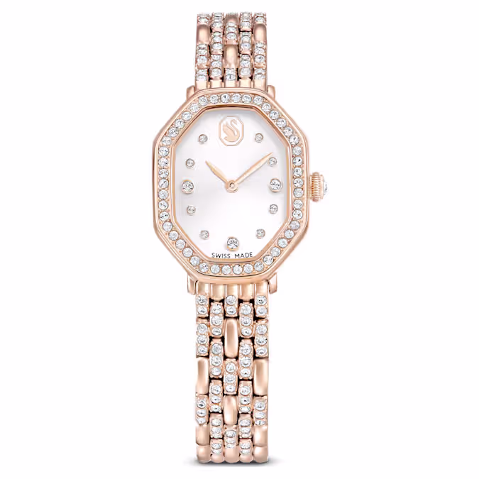 Geïnspireerd door de tijdloze elegantie van de Dextera-lijn is dit 18 x 23 mm horloge op unieke wijze vervaardigd in de iconische achthoekige vorm van Swarovski. Het ontwerp is gemaakt van edelstaal met een roségoudkleurige afwerking en heeft een pavé lunettezetting met 46 kristallen, en een extra kristal gezet in de kroon. De zonnewijzerplaat bevat ook delicate kristallen uuraanduidingen, samen met slanke wijzers en een zwanenlogo op 12 uur. Om deze stralende creatie te completeren, is de armband met vijf schakels versierd met 108 rondgeslepen kristallen, waardoor u elk uur eindeloos schittert. Dit Swiss Made horloge is waterbestendig tot 50 meter.
Artikelnr.: 5715517
Collectie:  Dextera Octagon
Grootte van de kast: 32 x 23 mm
Dikte van de kast: 7 mm
Draaglengte band (minimaal - maximaal): 12.5 - 19 cm
Bandbreedte: 1.1 cm
Materiaal:  Kristallen, Roségoudkleurig PVD
Kleur:  Goudkleurig
Type sluiting:  Vlindersluiting
Materiaal van de band:  Metaal
Made in:  Zwitserland
Mechanisme:  Kwarts