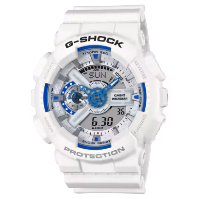 Laat je inspireren door de zomerse zeeën met de wit-blauwe G-SHOCK. 

De blauwe fosforescerende wijzerplaat van het horloge gloeit magisch 's nachts en doet denken aan de glinstering van bioluminescent plankton dat in de zee drijft. In combinatie met een wit en blauw kleurenschema geeft het ontwerp op prachtige wijze de dynamische transformatie van het strand weer, van de schittering van de zon overdag tot zachte nachttinten.

Glinsterende, op de zee geïnspireerde stijlen zijn gemakkelijk te combineren met casual settings en werksituaties.