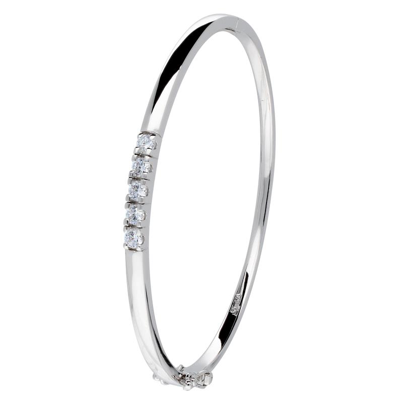 Zilveren gerodineerde bangle met 5x zirconia in vierpootszetting, diameter 60mm. (normale polsmaat)