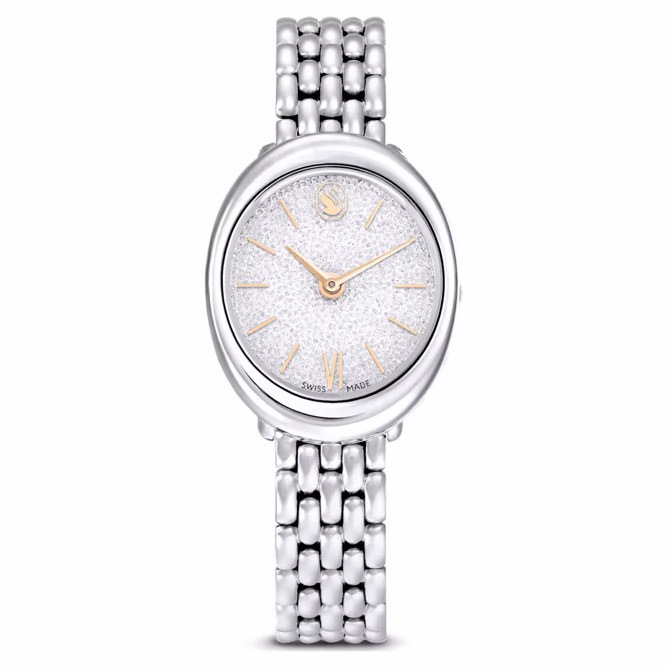 Het Imber Oval-horloge brengt een moderne kijk op horlogemaken over door de glinsterende wijzerplaat en tijdloze elliptische vorm. Deze 24 x 26,3 mm-versie is vervaardigd uit edelstaal en heeft ongeveer 1000 heldere kristallen op de Crystalline-wijzerplaat. Extra details zijn afgewerkt met een goudkleurige toplaag, waaronder de uurmarkeringen en wijzers, evenals het enkele Romeinse cijfer op 6 uur en het iconische zwanenlogo van Swarovski op 12 uur. Het Swiss Made-horloge wordt gedragen aan een gepolijste metalen armband en biedt een waterbestendigheid tot op 50 m. Maak dit uw favoriete keuze voor een verfijnde stijl, zowel overdag als ‘s avonds.
Artikelnr.: 5717590
Collectie:  Imber Oval
Grootte van de kast: 37 x 30 mm
Dikte van de kast: 8 mm
Draaglengte band (minimaal - maximaal): 14.5 - 16.5 cm
Bandbreedte: 1.3 cm
Materiaal:  Kristallen, Roestvrij staal
Kleur:  Zilverkleurig
Type sluiting:  Vlindersluiting
Materiaal van de band:  Metaal
Made in:  Zwitserland
Mechanisme:  Kwarts