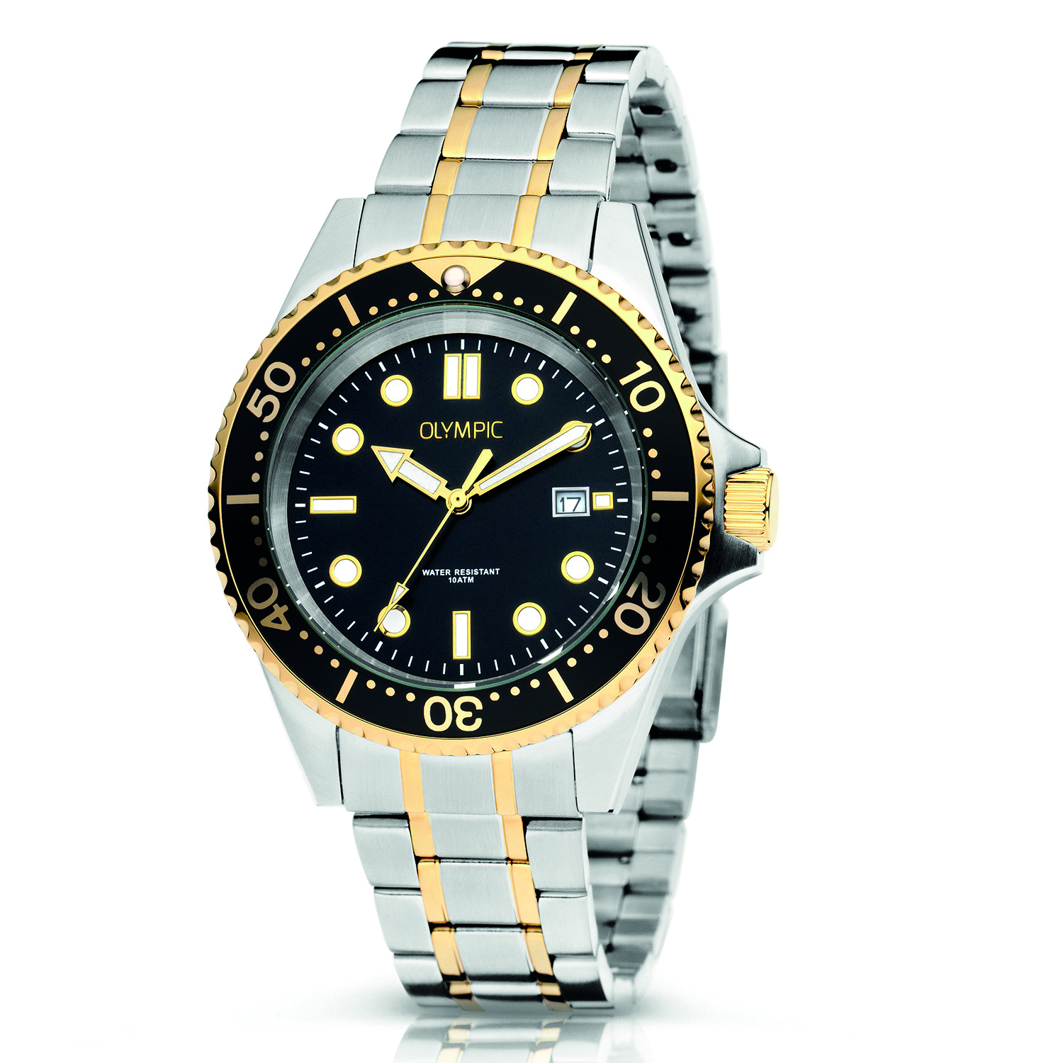 Olympic OL72HSS293B KAI Horloge - Bicolor -Bracelet - Zwart - 42mm 
Dit unieke Olympic horloge met artikelnummer: OL72HS293B is een herenhorloge met een sportieve uitstraling. De stalen kast heeft een zwarte bezel met de minuut aanduiding en goudkleurige accenten en een zwarte wijzerplaat met datum. De uursaanduiding is opvallend door de lumibrite strepen, stippen en wijzers. Dit geeft het horloge een sportief chique uiterlijk. Aan de stalen kast zit een bicolor stalen schakelband met een vouwsluiting. Het horloge heeft een mineraalglas, een doorsnee van 42mm en is 10ATM.

Waterdichtheid 10ATM
Dit horloge is bestand tegen water bij het zwemmen en douchen. Dit horloge is niet bestand tegen (grote) waterdruk dus je kunt er niet mee duiken.

Het merk:
Het Nederlandse horlogemerk Olympic levert stoere chronografen, slimline series, digitale uurwerken en elegante dameshorloges. De prijs-kwaliteitverhouding staat bij Olympic hoog in het vaandel met prijzen die uiteenlopen van € 34,95 tot en met € 159,00.

100% Nederlands ontwerp, waterdicht en standaard 3 jaar fabrieksgarantie.

Specificaties:
- Ronde kast Ø 42mm
- Stalen horlogekast
- Zwarte wijzerplaat
- Bicolor stalen schakelband
- 10ATM 
- Standaard 3 jaar fabrieksgarantie
- Mineraalglas