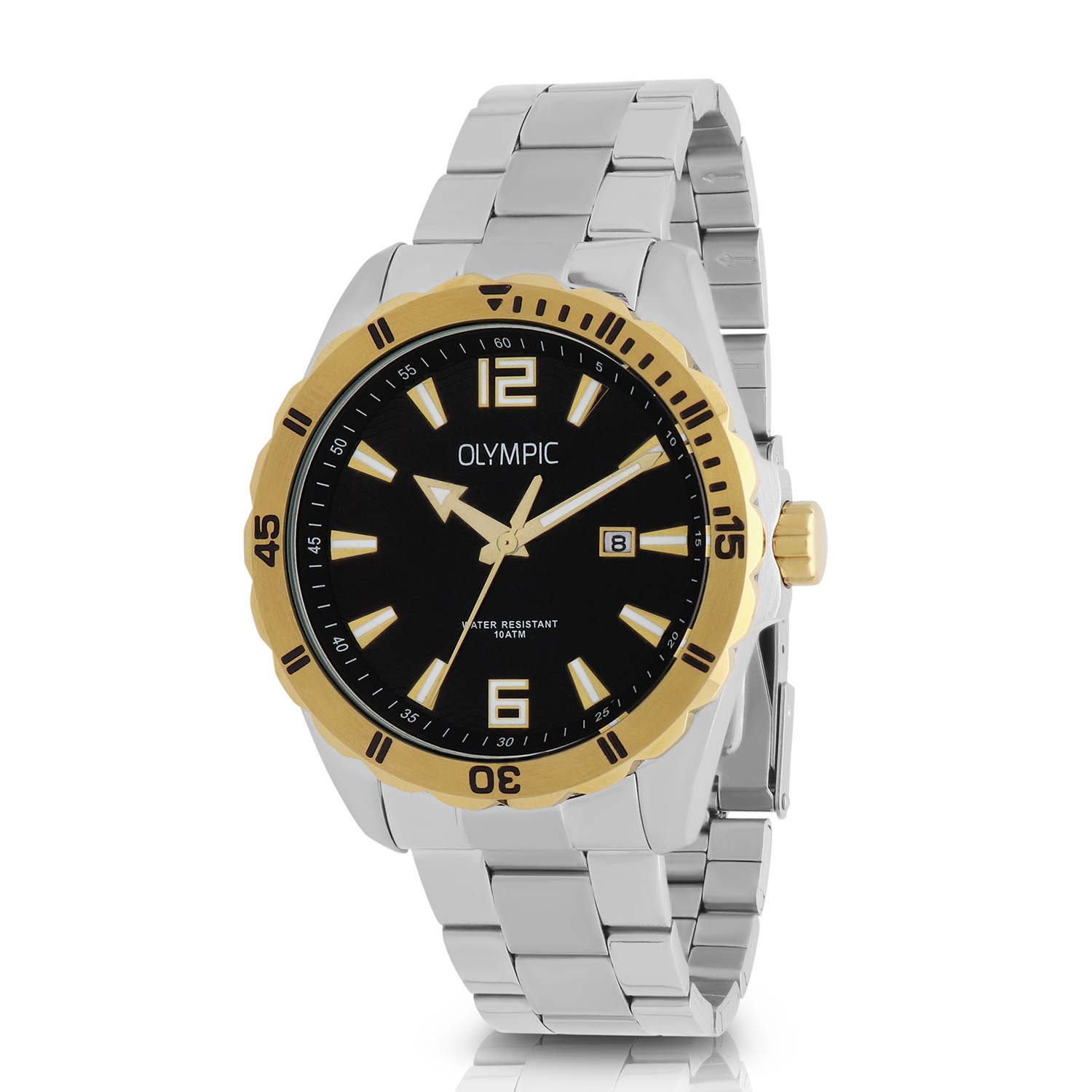 Olympic OL72HSS400B Pieter Horloge Heren Staal 43mm 
Dit unieke Olympic horloge met artikelnummer: OL72HSS400B is een heren horloge met een stoere uitstraling. De stalen kast heeft een bewerkte goudkleurige bezel en een zwarte wijzerplaat met een datum. De uursaanduiding is opvallend door de lumibrite strepen en wijzers. Dit geeft het horloge een sportief uiterlijk. Aan de stalen kast zit een stalen mat glimmende schakelband met een vouwsluiting. Het horloge heeft een mineraalglas, een doorsnee van 43mm en is 10ATM.

Waterdichtheid 10ATM
Dit horloge is bestand tegen water bij het zwemmen en douchen. Dit horloge is niet bestand tegen (grote) waterdruk dus je kunt er niet mee duiken.

Het merk:
Het Nederlandse horlogemerk Olympic levert stoere chronografen, slimline series, digitale uurwerken en elegante dameshorloges. De prijs-kwaliteitverhouding staat bij Olympic hoog in het vaandel met prijzen die uiteenlopen van € 34,95 tot en met € 159,00.

100% Nederlands ontwerp, waterdicht en standaard 3 jaar fabrieksgarantie.

Specificaties:
- Ronde kast Ø 43mm
- Stalen horlogekast
- Zwarte wijzerplaat
- Stalen schakelband
- 10ATM 
- Standaard 3 jaar fabrieksgarantie
- Mineraalglas