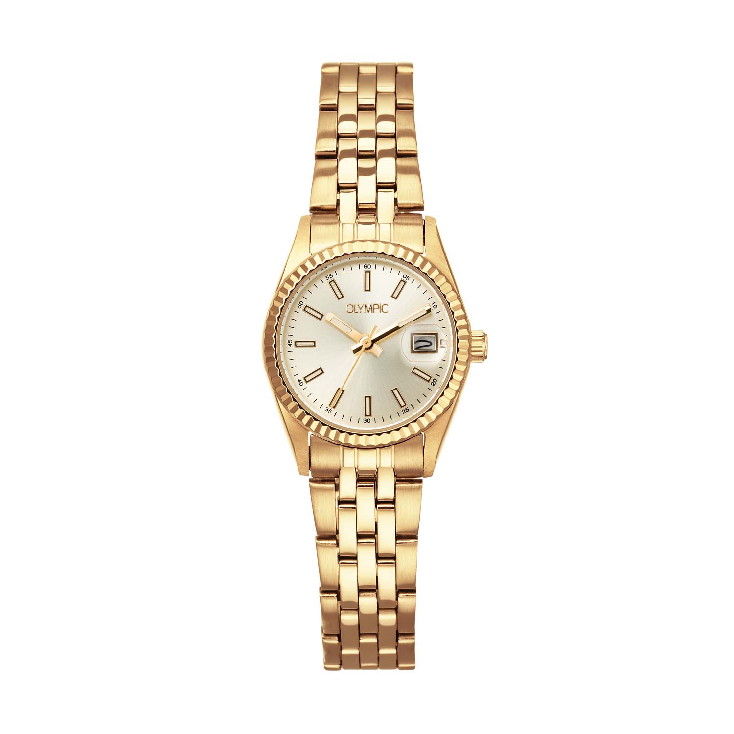 Olympic OL75DDD001 Novi Horloge Staal 26mm 
Dit unieke Olympic horloge met artikelnummer: OL75DDD001 is een dameshorloge met een chique sportieve uitstraling. Het horloge heeft een ronde goudkleurige stalen kast met een geribbelde bezel, een goudkleurige wijzerplaat en een datum met extra venster en lumibrite in de uursaanduiding. Aan de kast zit een fijne stalen goudkleurige schakelband met druksluiting. Het horloge heeft een mineraalglas, een schroefdeksel, een doorsnee van 26mm en is 5ATM.

Het merk:
Het Nederlandse horlogemerk Olympic levert stoere chronografen, slimline series, digitale uurwerken en elegante dameshorloges. De prijs-kwaliteitverhouding staat bij Olympic hoog in het vaandel met prijzen die uiteenlopen van € 34,95 tot en met € 159,00.

100% Nederlands ontwerp, waterdicht en standaard 3 jaar fabrieksgarantie.

Specificaties:
- Ronde kast Ø 26mm
- Stalen horlogekast
- Goudkleurige wijzerplaat
- Stalen schakelband
- 5ATM 
- Standaard 3 jaar fabrieksgarantie
- Mineraalglas