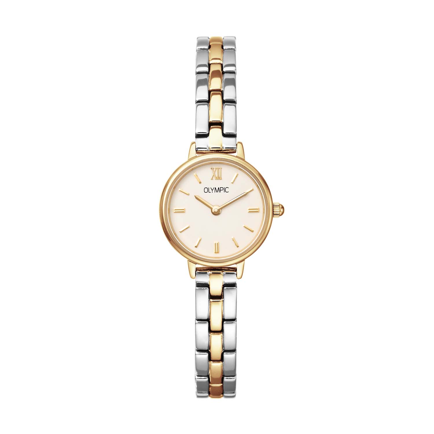 Olympic OL82DSS002B Anna Horloge Staal 22mm 
Dit unieke Olympic horloge met artikelnummer: OL82DSS002B is een dameshorloge met een chique uitstraling. Het horloge heeft een ronde stalen kast met een creme wijzerplaat met fijne streepjes. Aan de kast zit een fijne stalen bicolor schakelband met druksluiting. Het horloge heeft een mineraalglas, een doorsnee van 22mm en is 3ATM.

Het merk:
Het Nederlandse horlogemerk Olympic levert stoere chronografen, slimline series, digitale uurwerken en elegante dameshorloges. De prijs-kwaliteitverhouding staat bij Olympic hoog in het vaandel met prijzen die uiteenlopen van € 34,95 tot en met € 159,00.

100% Nederlands ontwerp, waterdicht en standaard 3 jaar fabrieksgarantie.

Specificaties:
- Ronde kast Ø 22mm
- Stalen horlogekast
- Creme wijzerplaat
- Stalen schakelband
- 3ATM 
- Standaard 3 jaar fabrieksgarantie
- Mineraalglas