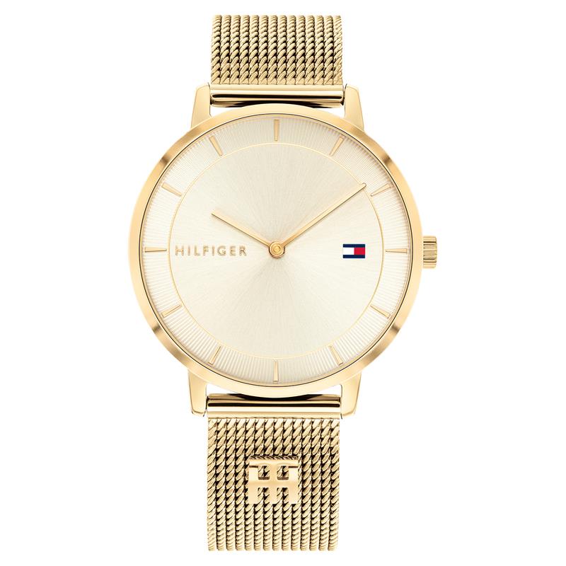 Dit is een dameshorloge van het merk Tommy Hilfiger uit de serie Tea. Met een horlogekast gemaakt van staal en een goudkleurige band van staal.