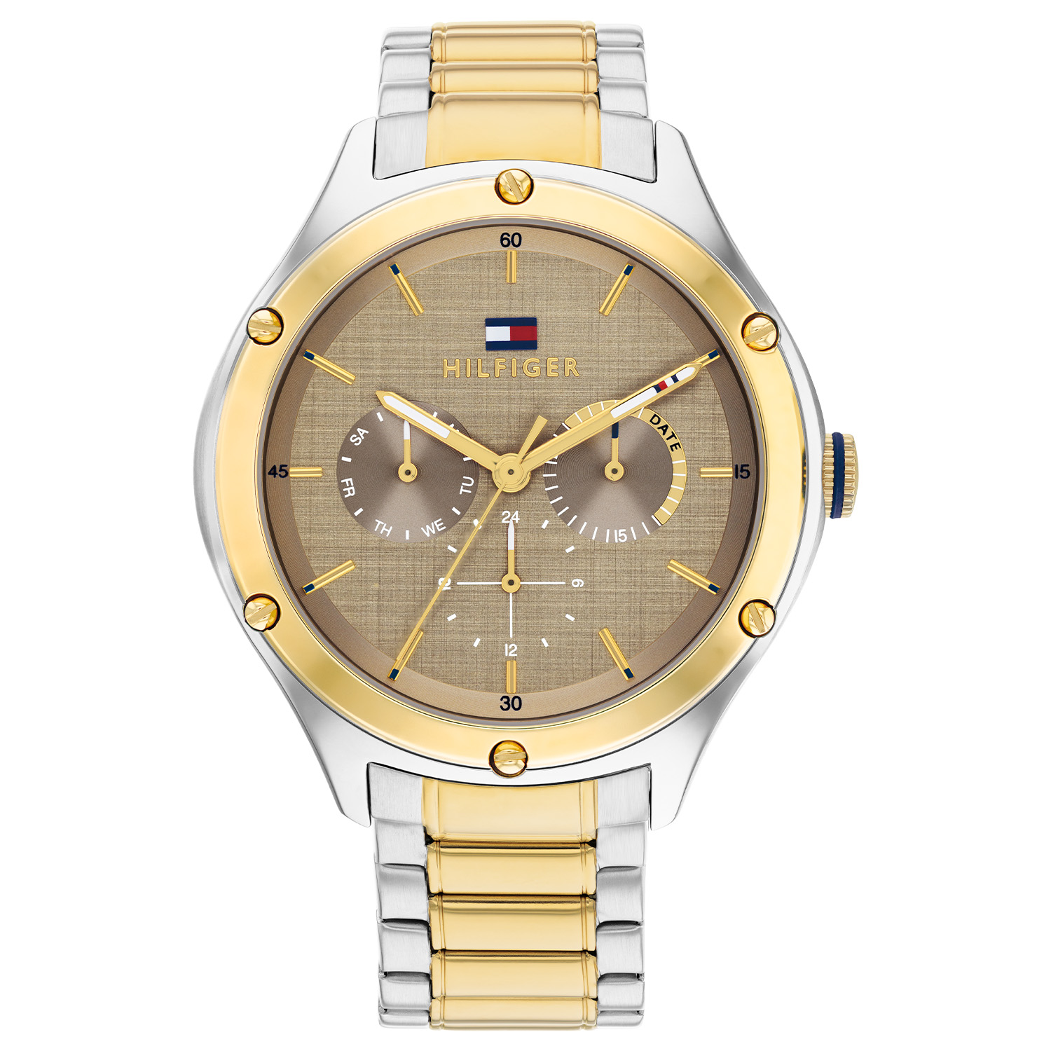 Tommy Hilfiger TH1782658 Horloge Dames Staal Bicolor 40mm
Dit specifieke horloge van Tommy Hilfiger uit de Lexi serie met artikelnr: TH1782658 is een luxe sportief dameshorloge die zeker in je collectie past. Het stalen dameshorloge heeft een ronde zilverkleurige kast met een matte goudkleurige bezel met schroefjes en een taupe wijzerplaat met dag, - datum,- en 24-uursaanduiding. De tweekleurige schakelband is op lengte verstelbaar en heeft een vouwsluiting. Het horloge heeft een mineraalglas, een doorsnee van 40mm en is 3ATM.  

Het merk:
Sinds de lancering van het merk in 1985 is Tommy Hilfiger wereldwijd bekend geworden als pionier van de klassieke Amerikaanse coole stijl. Geïnspireerd door de iconische popcultuur en het Amerikaanse erfgoed. De dames en herencollectie van dit seizoen bestaan uit minimalistische silhouetten en rustieke lederen details. De herenhorlogecollectie biedt iconische uurwerken met roestvrijstalen, lederen en siliconen banden.

Specificaties:
- Mineraalglas
- Ronde kast 40mm
- Zilverkleurige horlogekast
- Taupe wijzerplaat
- Bi-color schakelband 
- 3ATM