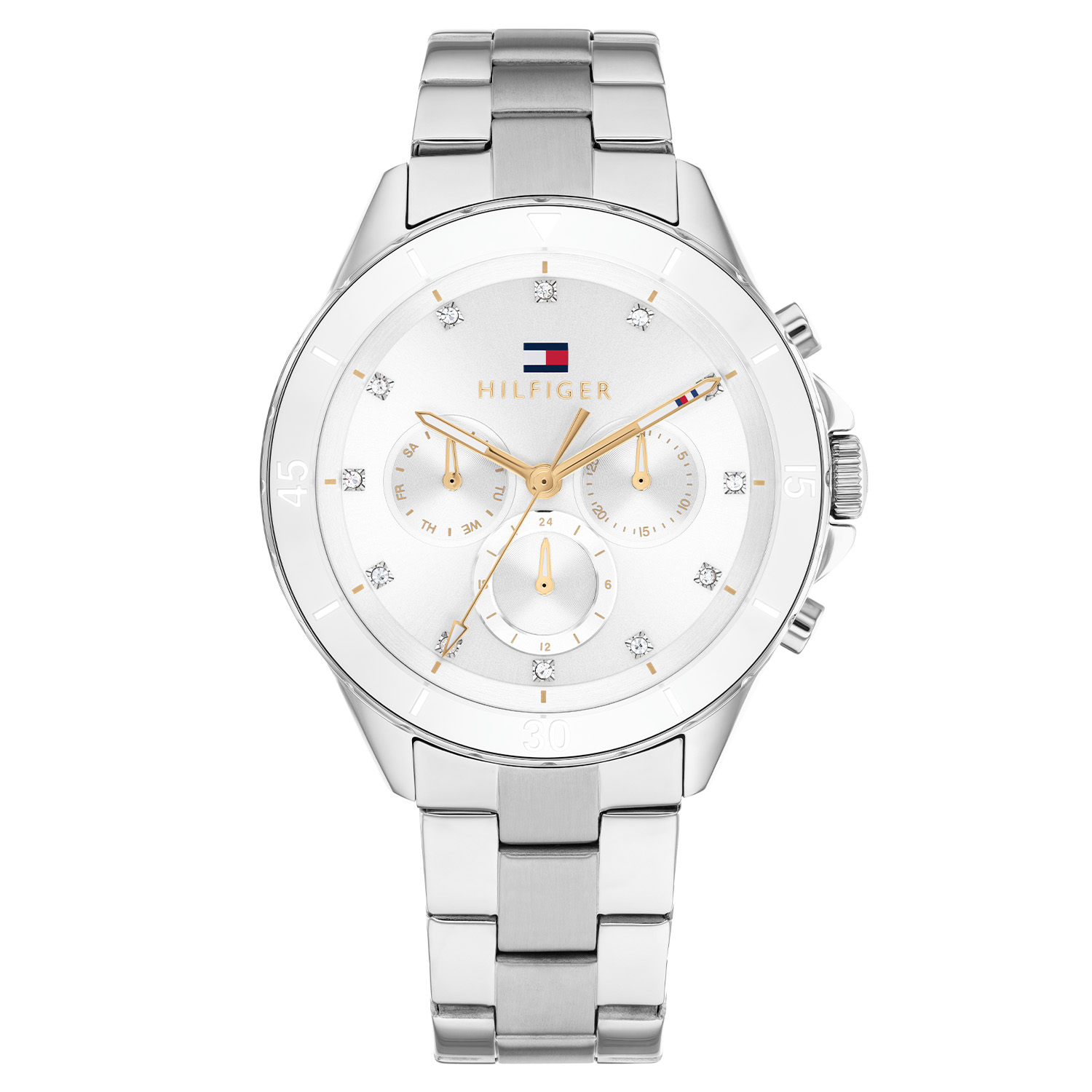 Tommy Hilfiger TH1782707 Horloge Dames Staal Zilverkleurig 40mm
Dit specifieke horloge van Tommy Hilfiger uit de Mellie serie met artikelnr: TH1782707 is een luxe sportief dameshorloge die niet in je collectie mag ontbreken. Het stalen dameshorloge heeft een ronde zilverkleurige kast met een witte ceramic bezel en een witte sunray wijzerplaat met dag, - datum,- en 24-uursaanduiding. De uren worden weergegeven met kristallen. De zilverkleurige schakelband is op lengte verstelbaar en heeft een vouwsluiting. Het horloge heeft een mineraalglas, een doorsnee van 40mm en is 5ATM.  

Het merk:
Sinds de lancering van het merk in 1985 is Tommy Hilfiger wereldwijd bekend geworden als pionier van de klassieke Amerikaanse coole stijl. Geïnspireerd door de iconische popcultuur en het Amerikaanse erfgoed. De dames en herencollectie van dit seizoen bestaan uit minimalistische silhouetten en rustieke lederen details. De herenhorlogecollectie biedt iconische uurwerken met roestvrijstalen, lederen en siliconen banden.

Specificaties:
- Mineraalglas
- Ronde kast 40mm
- Zilverkleurige horlogekast
- Witte wijzerplaat met kristallen
- Zilverkleurige schakelband 
- 5ATM