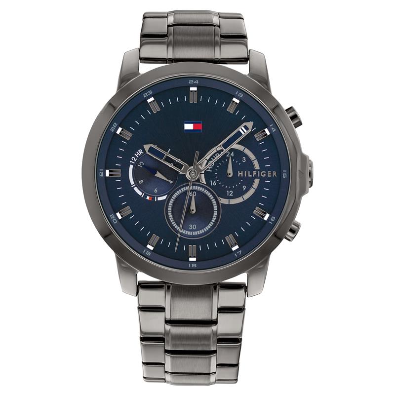 Dit is een herenhorloge van het merk Tommy Hilfiger uit de serie Jameson. Met een horlogekast gemaakt van staal en een grijze band van staal.