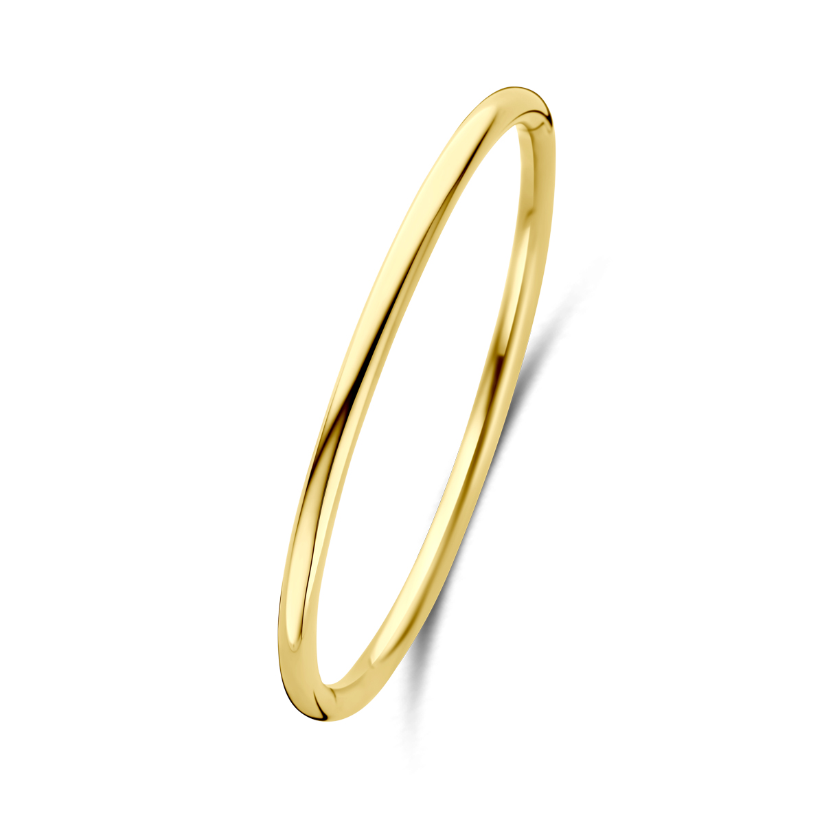 Stalen bangle met scharnier en een afmeting van 60x50mm. De bangle heeft een geel gekleurde ion plating.