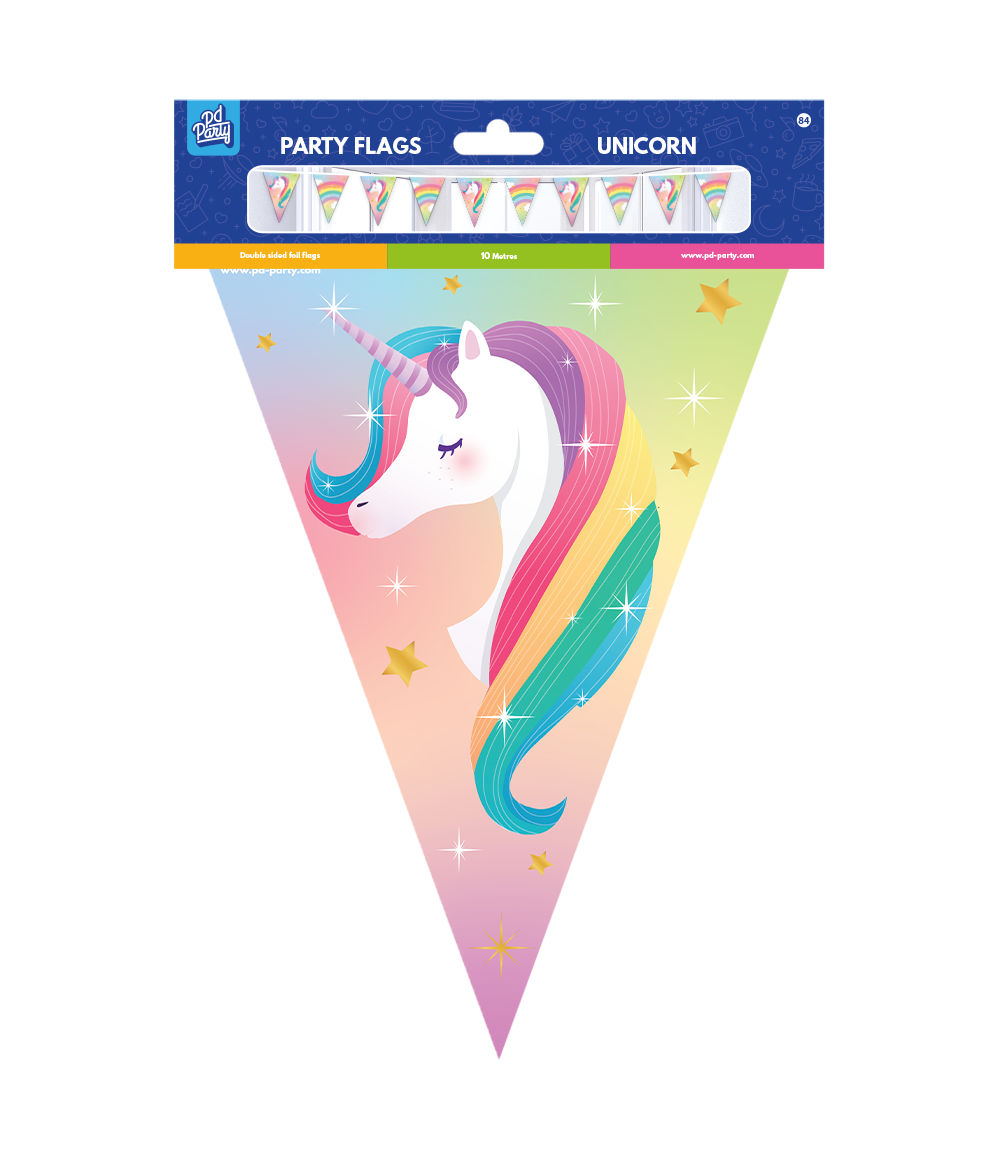 Party Flags Foil - Unicorn met modelnummer 7031084 is perfect voor elk feest. Deze kleurrijke vlaggenlijn heeft een magisch unicorn-thema dat elke ruimte opvrolijkt. Gemakkelijk op te hangen aan muren of plafonds voor een feestelijke sfeer. Ideaal voor verjaardagen of kinderevenementen. Voeg een vleugje magie toe aan je feestje met deze schitterende unicorn vlaggen!