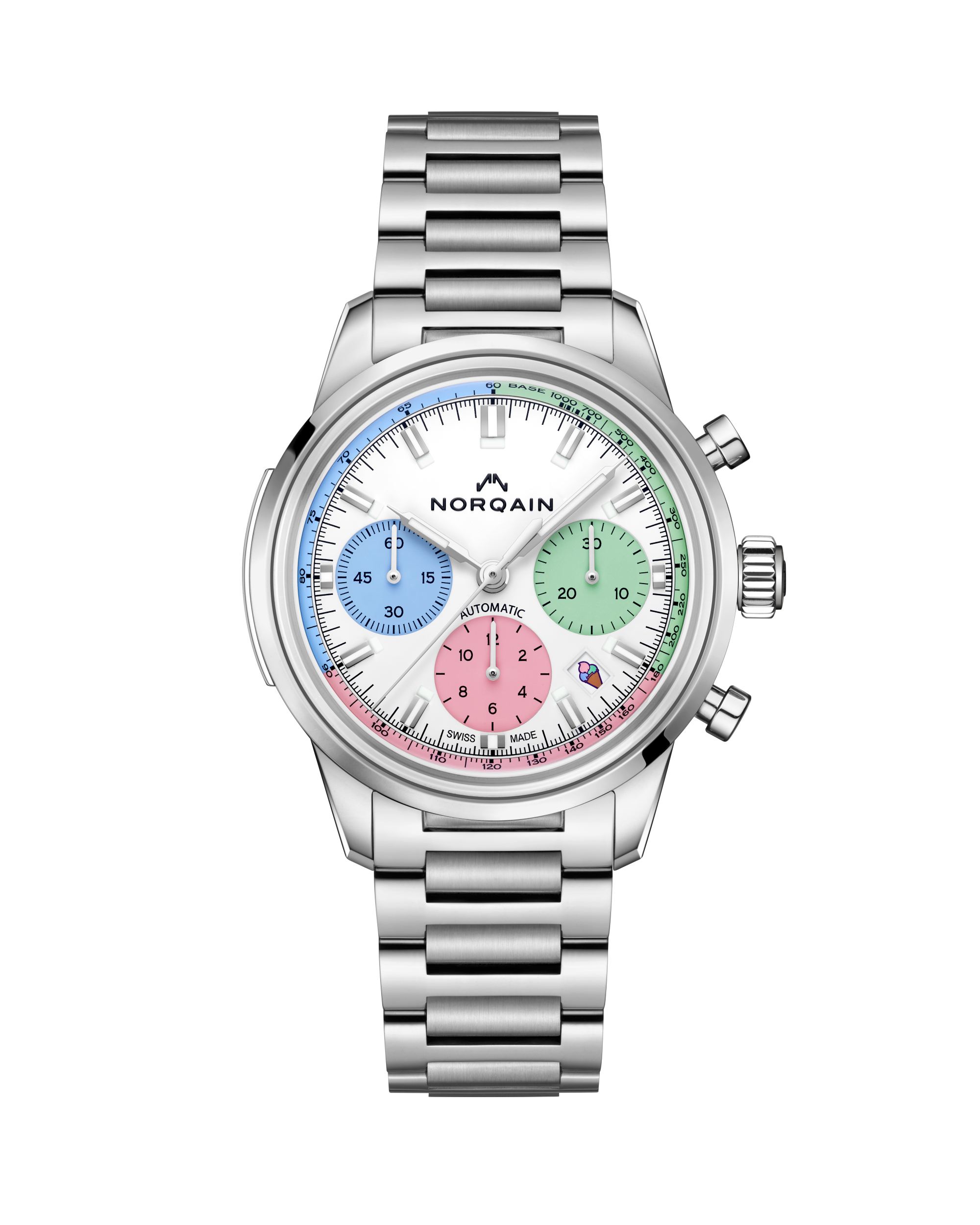 Dit Norqain horloge behoort tot de Freedom 60 collectie en is een Enjoy Life Special Edition.
Referentienummer: N2201.19S01.C01.S01

Dit Norqain Freedom 60 Chrono is uitgerust met een automatisch calibre N19 uurwerk met een gangreserve van 62 uur. Het uurwerk is gehuisd in een 40MM stalen kast. 

Deze Enjoy Life special edition zorgt voor een vleugje zomer om je pols. Het horloge barst van de levendige kleuren en ademt de zorgeloze sfeer van het zonnige seizoen. De speelse ijsjesillustratie en het vrolijke motto "Enjoy Life" maken het de perfecte metgezel voor zonnige dagen. Een vrolijk eerbetoon aan kleur, plezier en vrijheid. 

De oprichter en CEO van Norqain, Ben Küffer, noemt "De "Enjoy Life" Special Edition een eerbetoon aan het kind in ons allemaal. Dat kleine ijsje in het datumvenster is meer dan een speels detail; het is een herinnering om het leven wat minder serieus te nemen en te genieten van de rit en die speelse geest levend te houden. 
