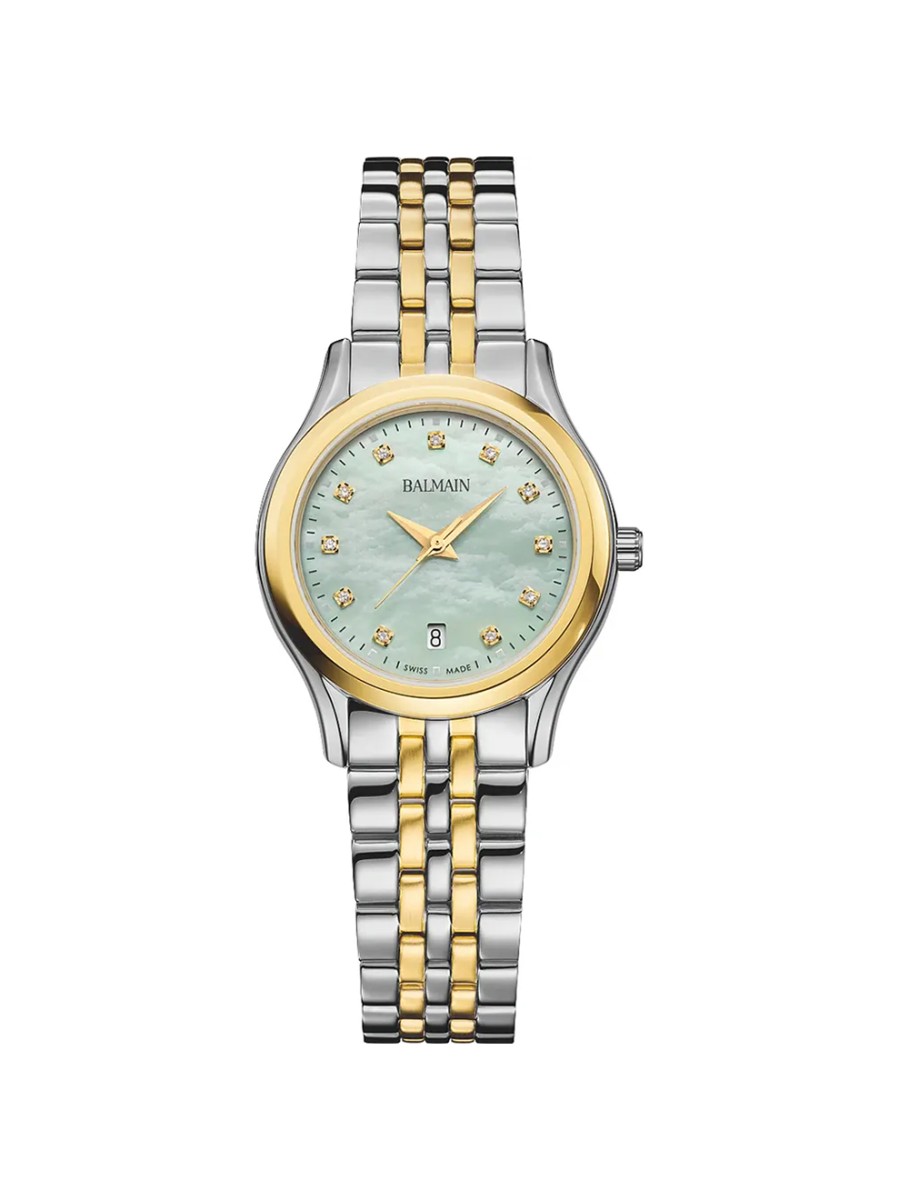 BALMAIN BELEGANZA LADY II HORLOGE -
Dit tijdloze en klassieke dameshorloge heeft een wijzerplaat van groen parelmoer met diamanten index (0,041crt). Naast de tijd is op de wijzerplaat ook de datum af te lezen. De kast -en bijpassende horlogeband zijn vervaardigd van edelstaal en deels voorzien van een gele PVD-coating. De B8342.39 76 is uitgerust met een quartz uurwerk, heeft een krasbestendig saffierglas en is tot 50 meter waterdicht. Het bicolor model heeft een diameter van 27,5 millimeter. Dankzij de verfijnde en luxe details is dit Balmain dameshorloge B83423976 uit de Beleganza serie echt een prachtig horloge voor stijlvolle dames.
