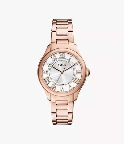 De Fossil horloge Gilmore 38mm Rosé, is een prachtige damespolshorloge. Deze horloge heeft een metalen kast en een roségoudkleurige band, en beschikt over een datumaanduiding. Perfect te dragen bij zowel formele als informele gelegenheden, voegt het een vleugje elegantie en verfijning toe aan elke outfit.