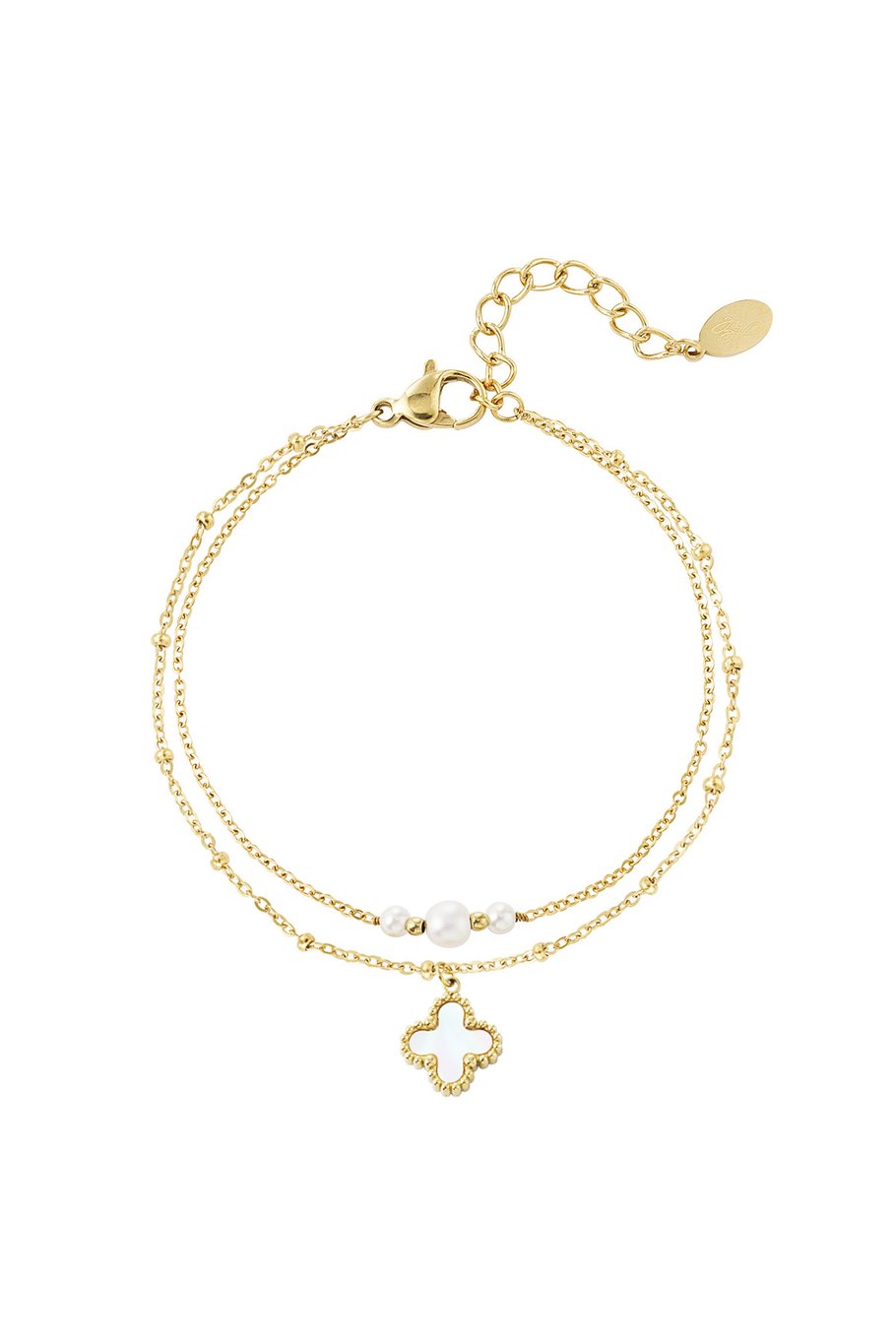 dubbele armband met parels en klaverbedel