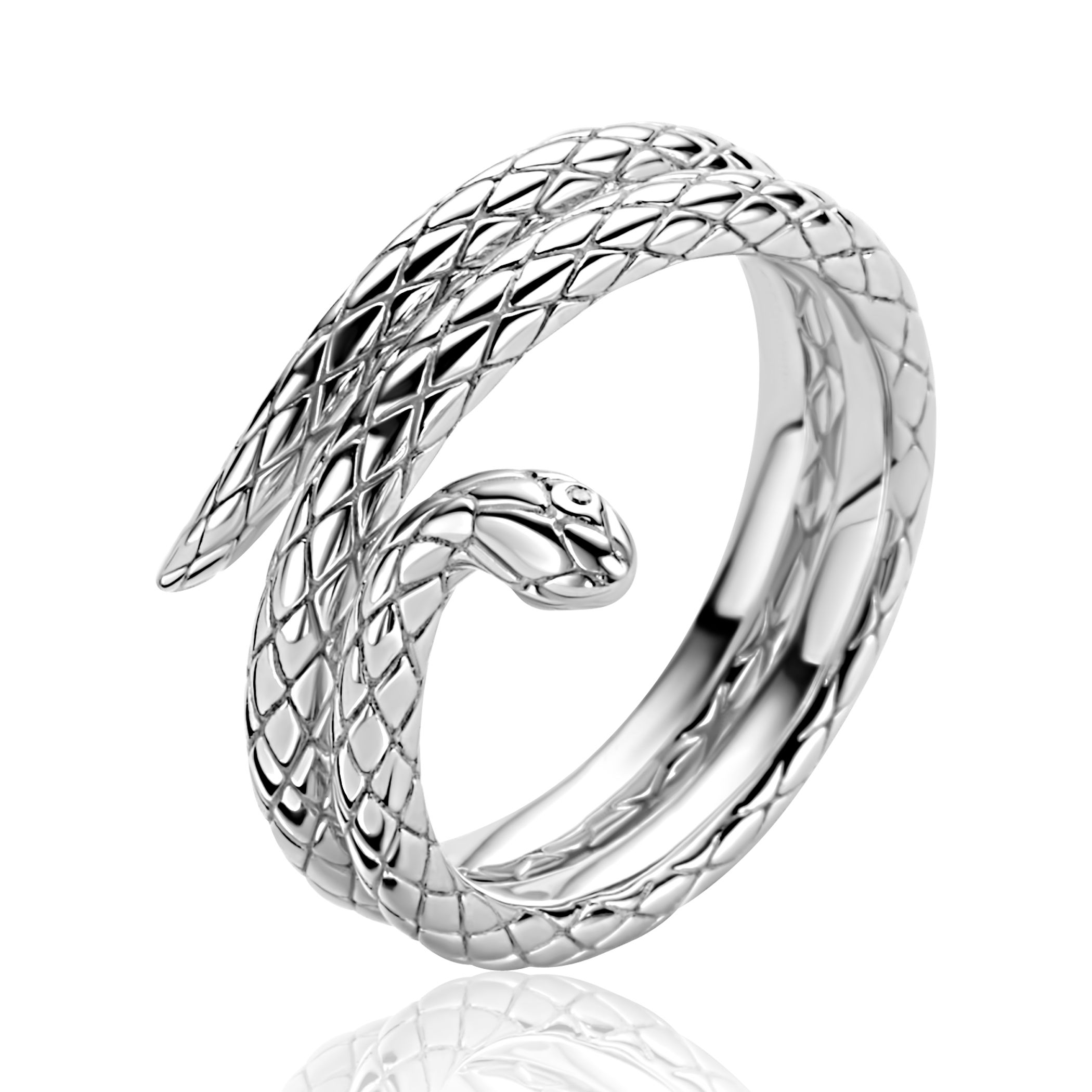 ZINZI zilveren multi-look ring (14mm breed) met gestructureerde slang die om de vinger gewikkeld lijkt. Vervaardigd van eerste gehalte zilver (925) en voorzien van een extra rodiumlaag voor een langdurige glans.

