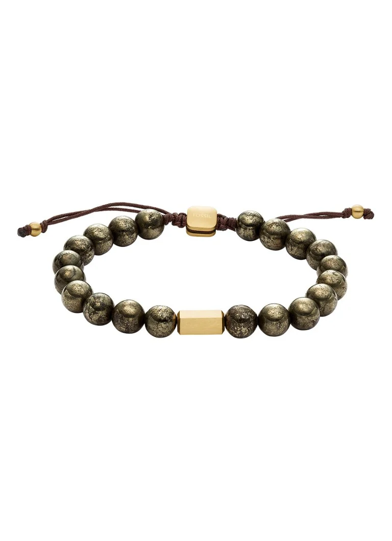 Deze kralenarmband is voorzien van grijze pyriet, goudkleurig roestvrij staal en heeft een schuifsluiting.