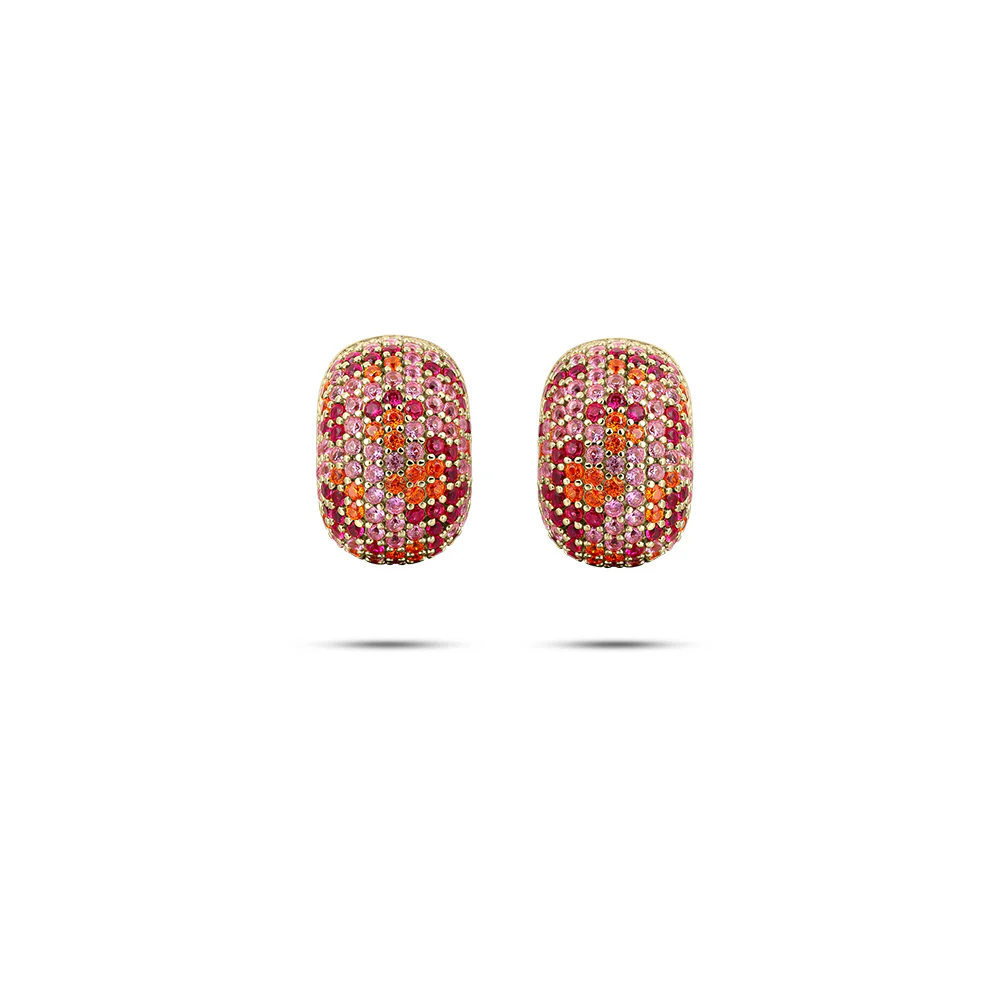 Voeg een vleugje glans toe aan je sieradencollectie met deze vergulde zilveren oorbellen. Het oppervlak is ingelegd met een betoverende reeks rode, roze en oranje steentjes, wat zorgt voor een opvallend gradiënteffect dat elke look moeiteloos glamour geeft. Het verfijnde vakmanschap en de luxueuze afwerking maken deze oorbellen tot het perfecte statement piece voor elke gelegenheid.