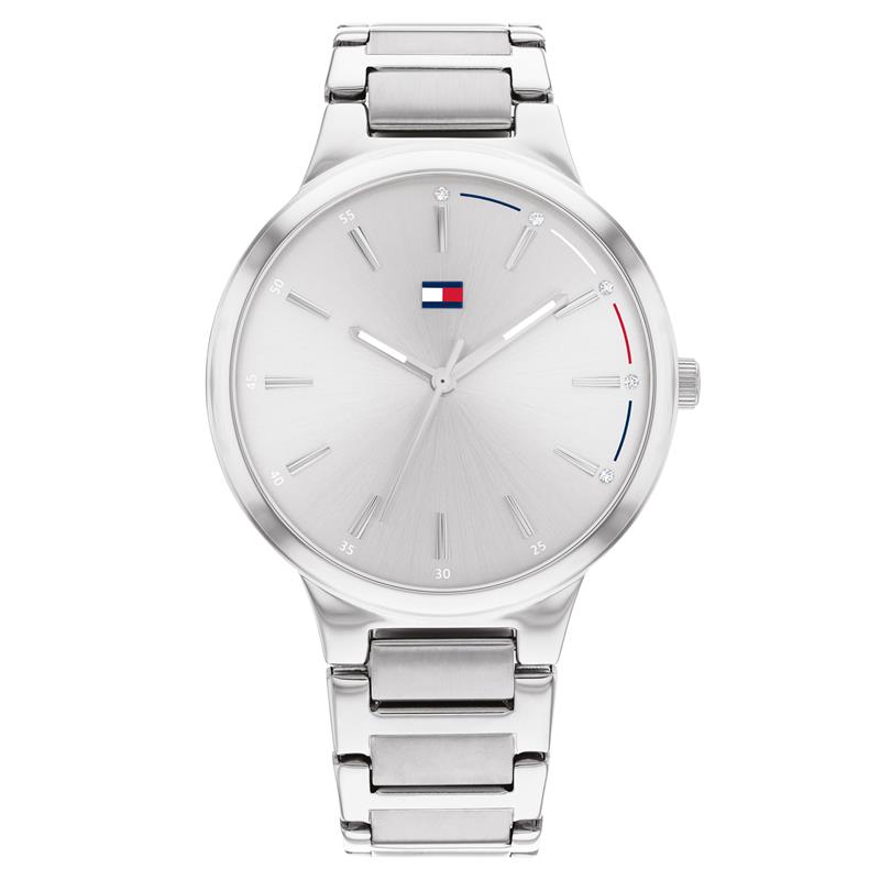 Damesuurwerk van Tommy Hilfiger uit de 'Bella' collectie
Zilverkleurige stalen band en kast
Zilverkleurige wijzerplaat met logo en zilverkleurige uuraanduiding
Waterdichtheid: 3 ATM