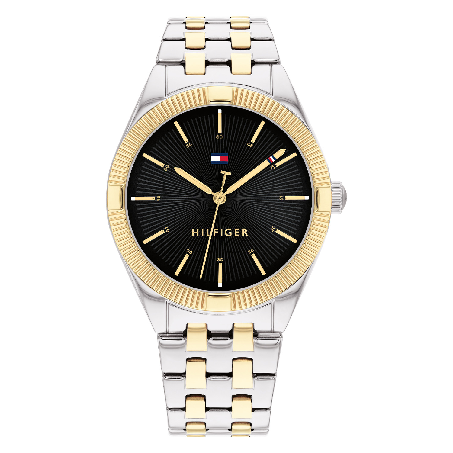 Prachtige Tommy Hilfiger horloge van de ''Rachel" serie met een zwarte wijzerplaat en een bicolor horloge van (goud- met zilverkleurig)