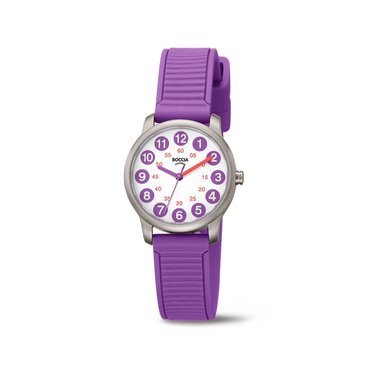 Boccia Titanium 3373-01 Kids Paars
Dit kinderhorloge van Boccia heeft een speelse uitstraling. De 3373-01 heeft een ronde titanium horlogekast van 28mm met een witte wijzerplaat waarop de uren en minuten duidelijk zijn aangegeven met paarse en roze kleuren. Een perfecte manier om met dit Boccia horloge klok te leren kijken. De paarse bewerkte siliconenband met een gespsluiting maakt het dragen gemakkelijk. Het horloge heeft een mineraalglas en is 5ATM.

HET MERK
Boccia Titanium is het titanium merk van Nederland, dat zijn oorsprong in Duitsland vindt en is opgericht in het jaar 1992. Ontwikkeld door internationale ontwerpers. Alle titanium componenten van de BOCCIA TITANIUM collectie zijn gemaakt van 99,7% puur titanium; het bijzondere materiaal. Het is licht in gewicht, neemt de temperatuur van de huid aan en is zeer huidvriendelijk. Bovendien is het corrosie- en temperatuurbestendig.

SPECIFICATIES
- Mineraalglas
- Ronde titanium horlogekast, Ø 28mm
- Paarse siliconenband
- Witte wijzerplaat
- 5ATM
