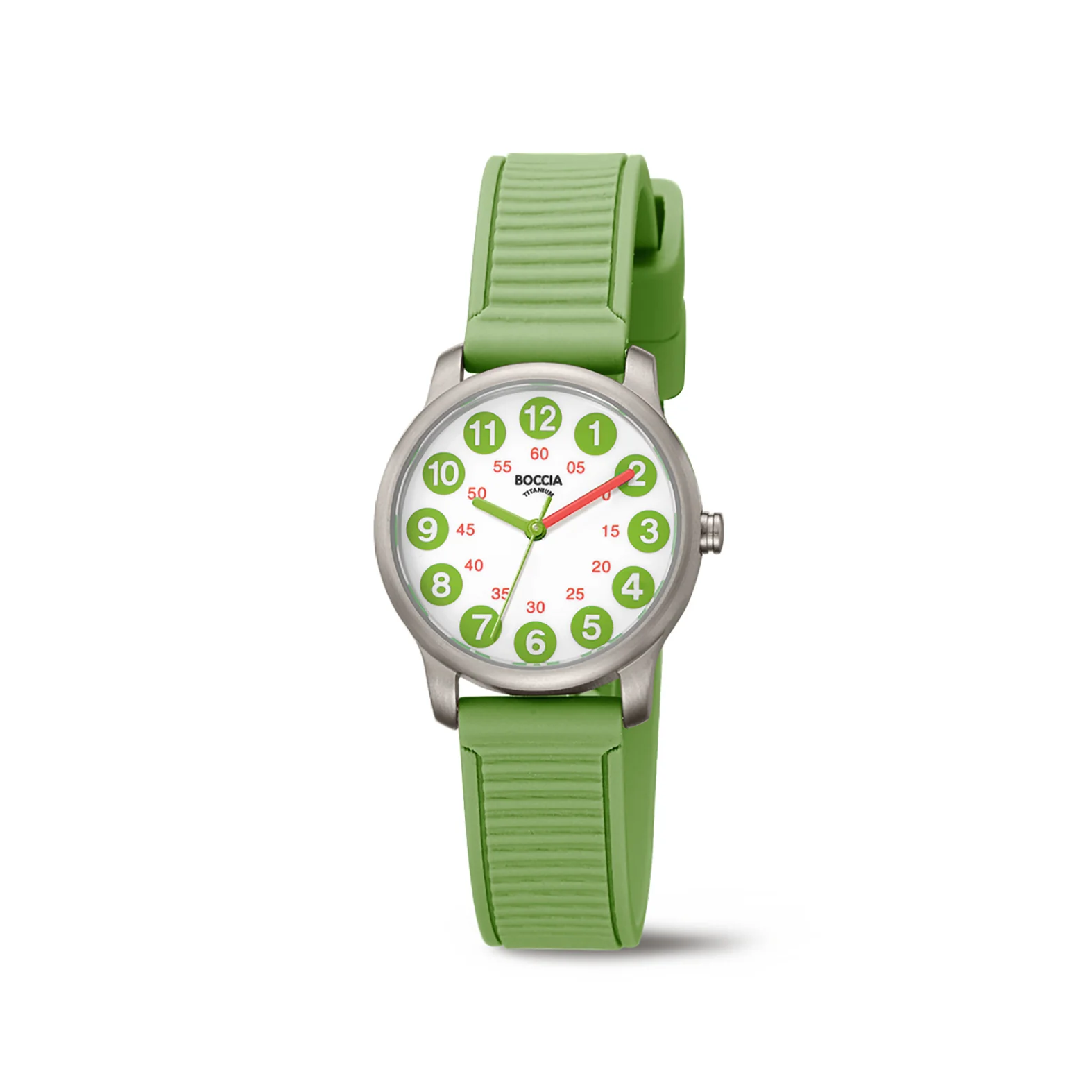 Boccia Titanium 3373-02 Kids Groen 
Dit kinderhorloge van Boccia heeft een speelse uitstraling. De 3373-02 heeft een ronde titanium horlogekast van 28mm met een witte wijzerplaat waarop de uren en minuten duidelijk zijn aangegeven met groene en rode kleuren. Een perfecte manier om met dit Boccia horloge klok te leren kijken. De groene bewerkte siliconenband met een gespsluiting maakt het dragen gemakkelijk. Het horloge heeft een mineraalglas en is 5ATM. 

HET MERK
Boccia Titanium is het titanium merk van Nederland, dat zijn oorsprong in Duitsland vindt en is opgericht in het jaar 1992. Ontwikkeld door internationale ontwerpers. Alle titanium componenten van de BOCCIA TITANIUM collectie zijn gemaakt van 99,7% puur titanium; het bijzondere materiaal. Het is licht in gewicht, neemt de temperatuur van de huid aan en is zeer huidvriendelijk. Bovendien is het corrosie- en temperatuurbestendig.

SPECIFICATIES
- Mineraalglas
- Ronde titanium horlogekast, Ø 28mm
- Groene siliconenband
- Witte wijzerplaat
- 5ATM